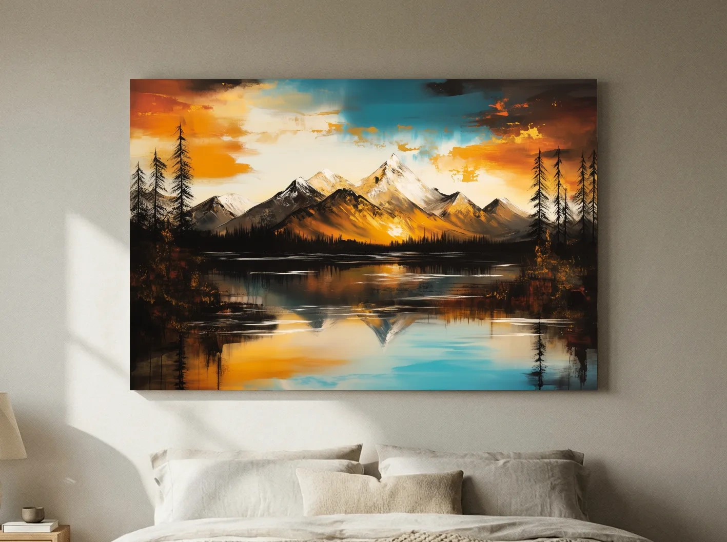 Alpine Mountain Sunset Oil Painting - Abstract Landscape Wall Art