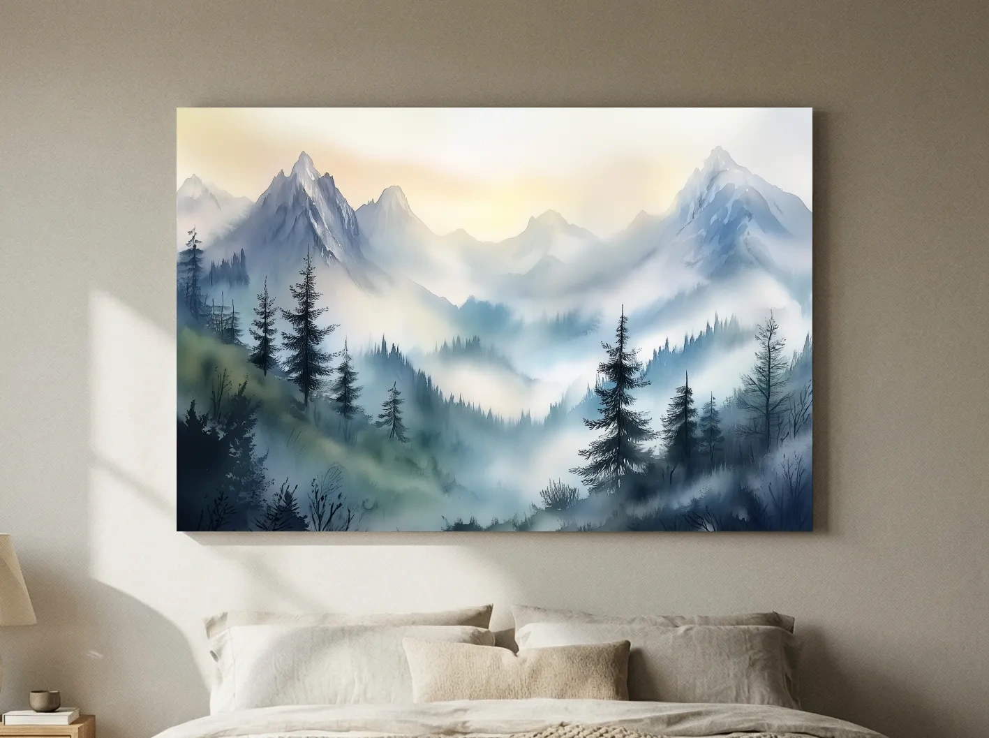 Chinese Ink Wash Watercolor Mountain Peaks - Foggy Alpine Wall Art