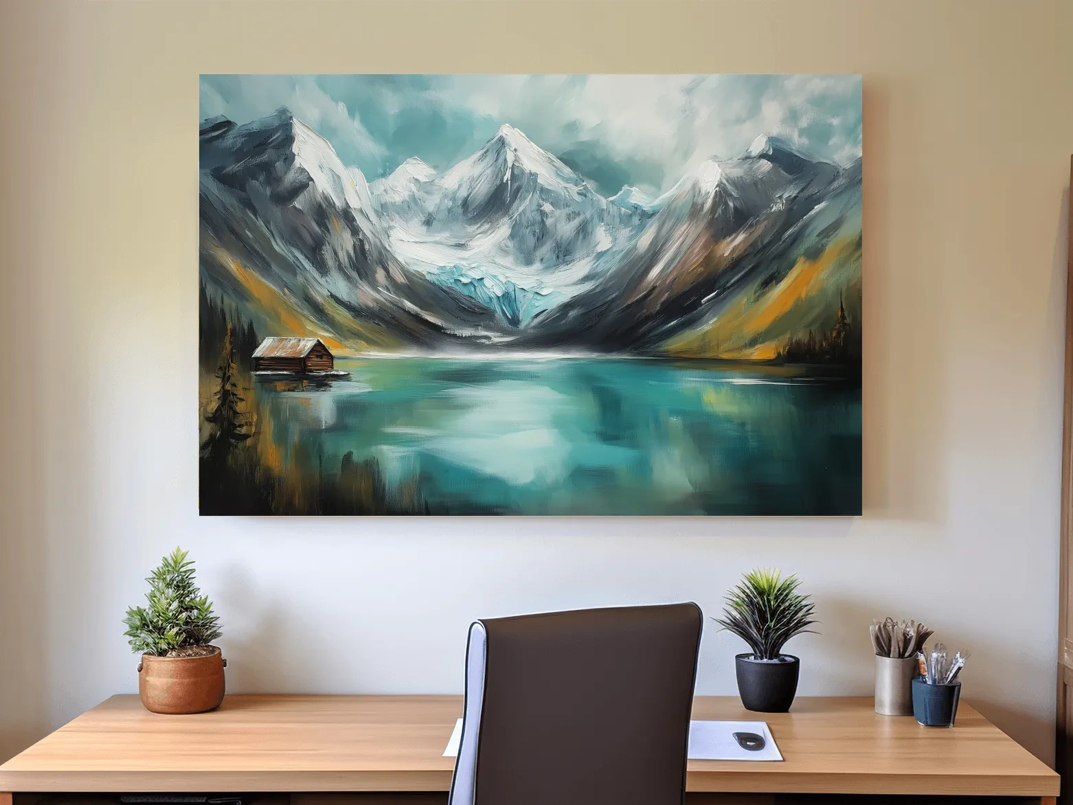 Turquoise Alpine Lake Cabin Painting - Snowy Mountain Landscape Wall Art