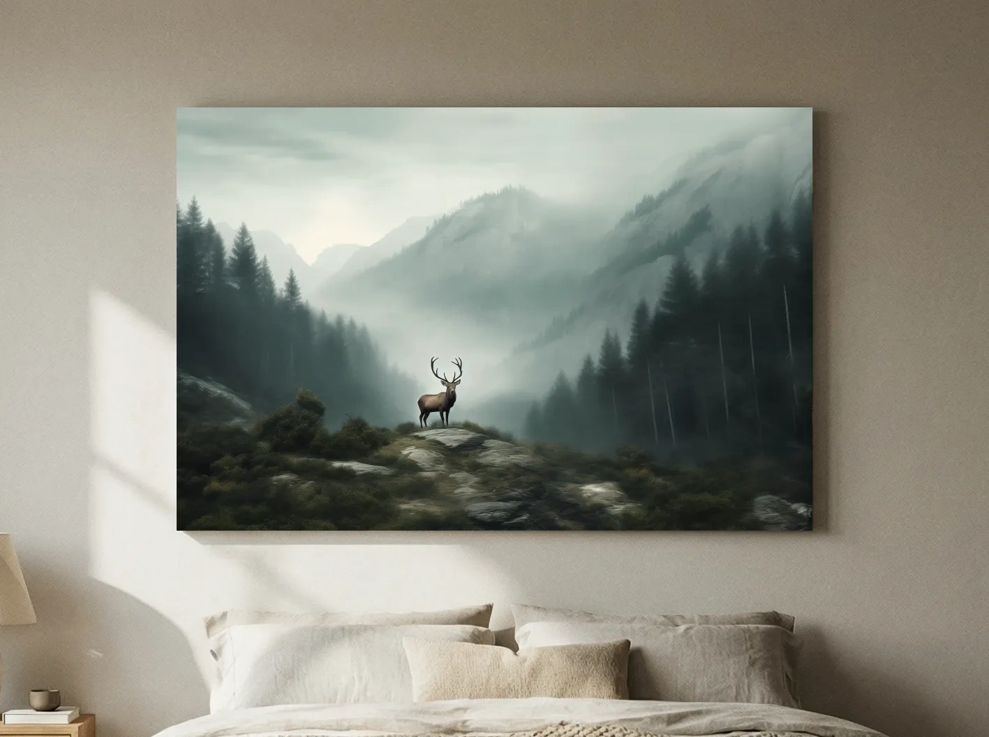 Moody Misty Mountain Deer Landscape - Atmospheric Forest Wildlife Wall Art