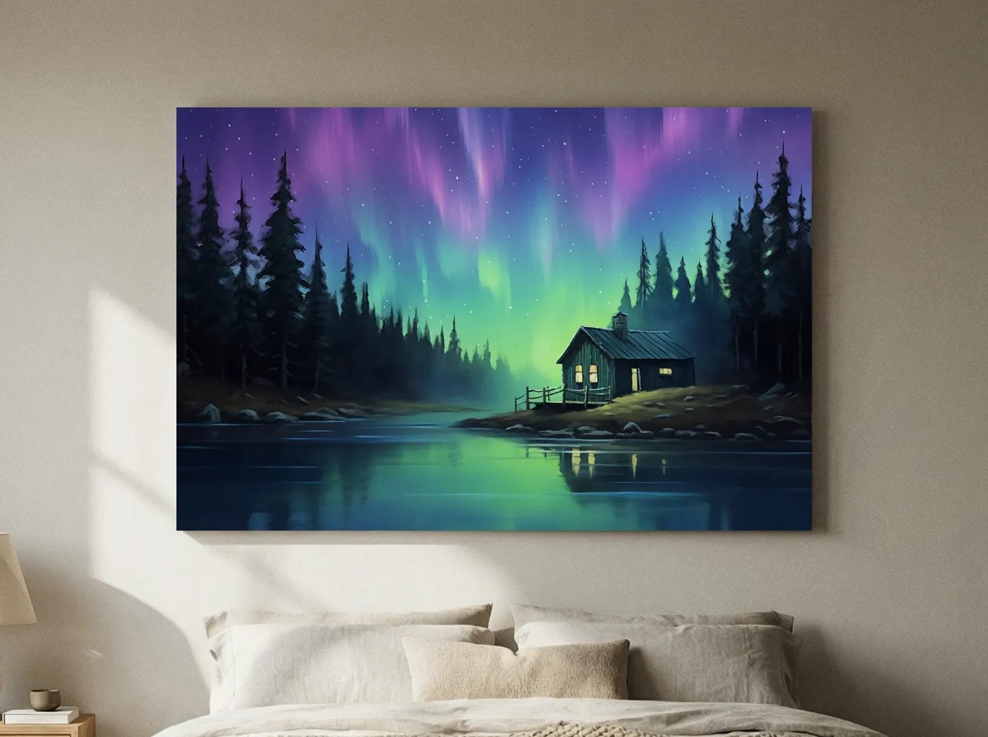Northern Lights Over Lakeside Cabin Painting - Aurora Borealis Night Wall Art