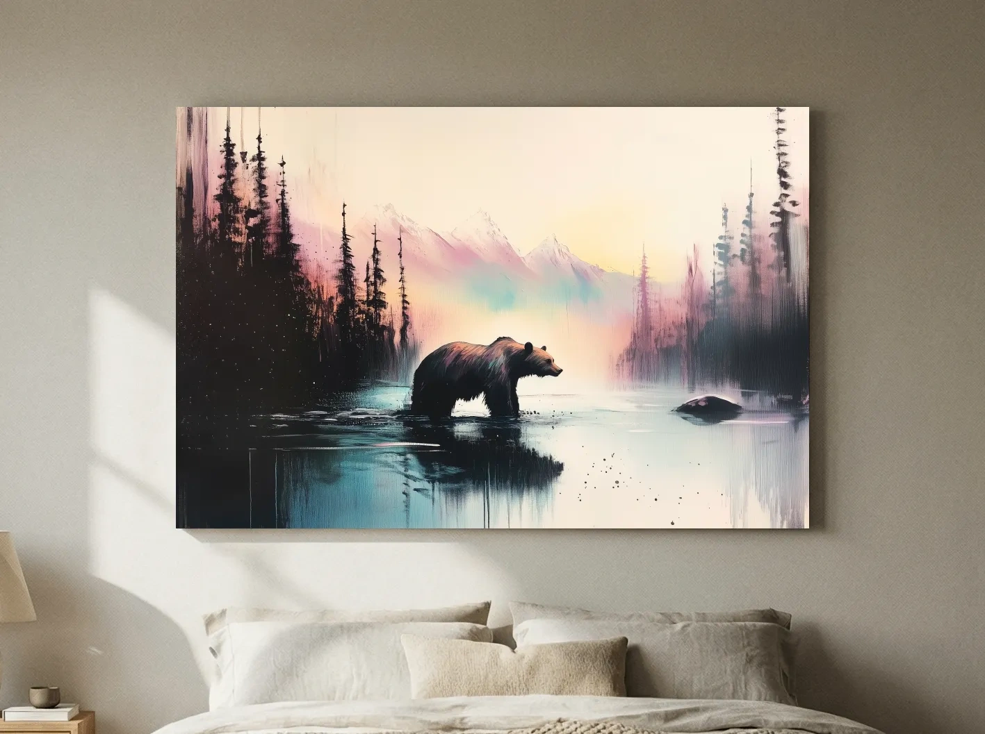 Moody Watercolor Grizzly Bear Lake Reflection - Misty Mountain Wilderness Wall Art