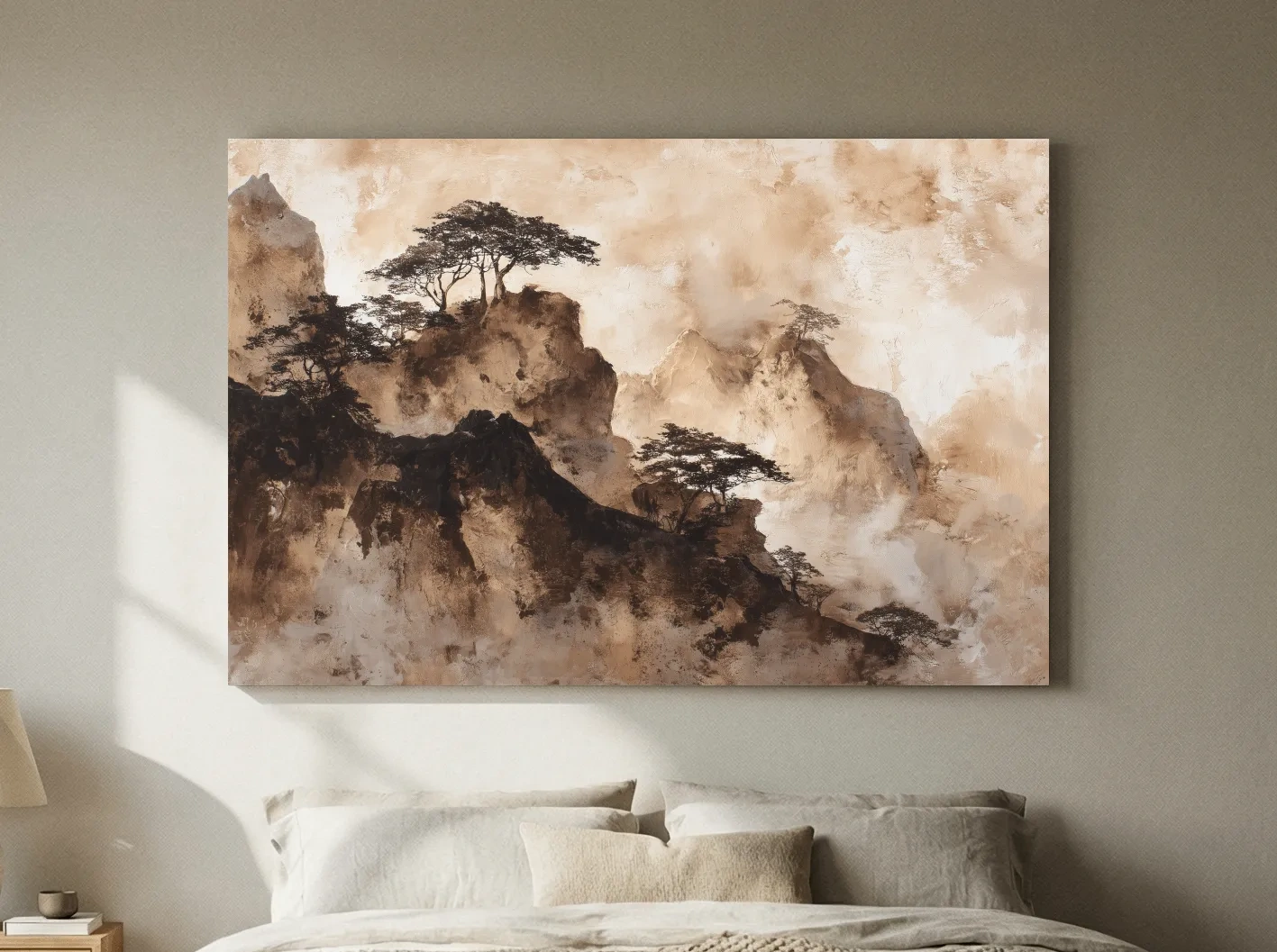Sepia Japandi Mountain Ridge Painting - Atmospheric Ink Wash Art