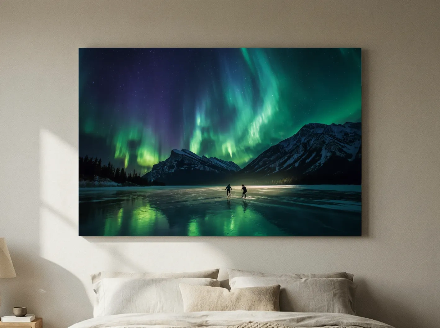 Ice Skaters Under Vibrant Northern Lights - Aurora Borealis Photographic Wall Art