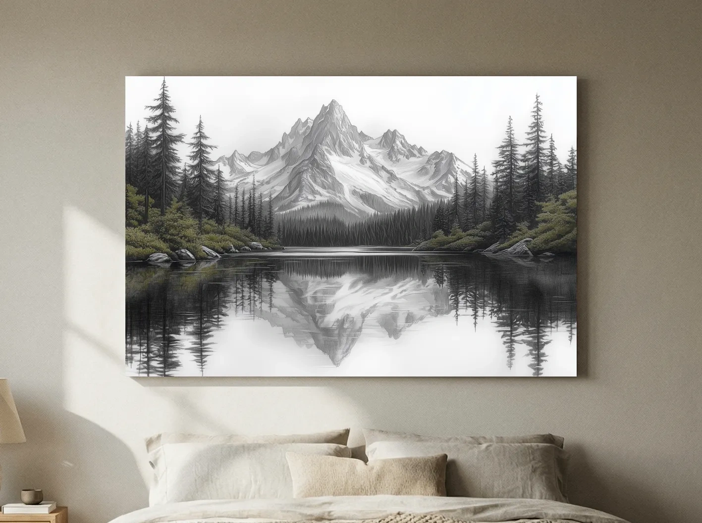 Monochrome Alpine Mountain Lake Reflection Sketch Artwork - Minimalist Forest Landscape Wall Art