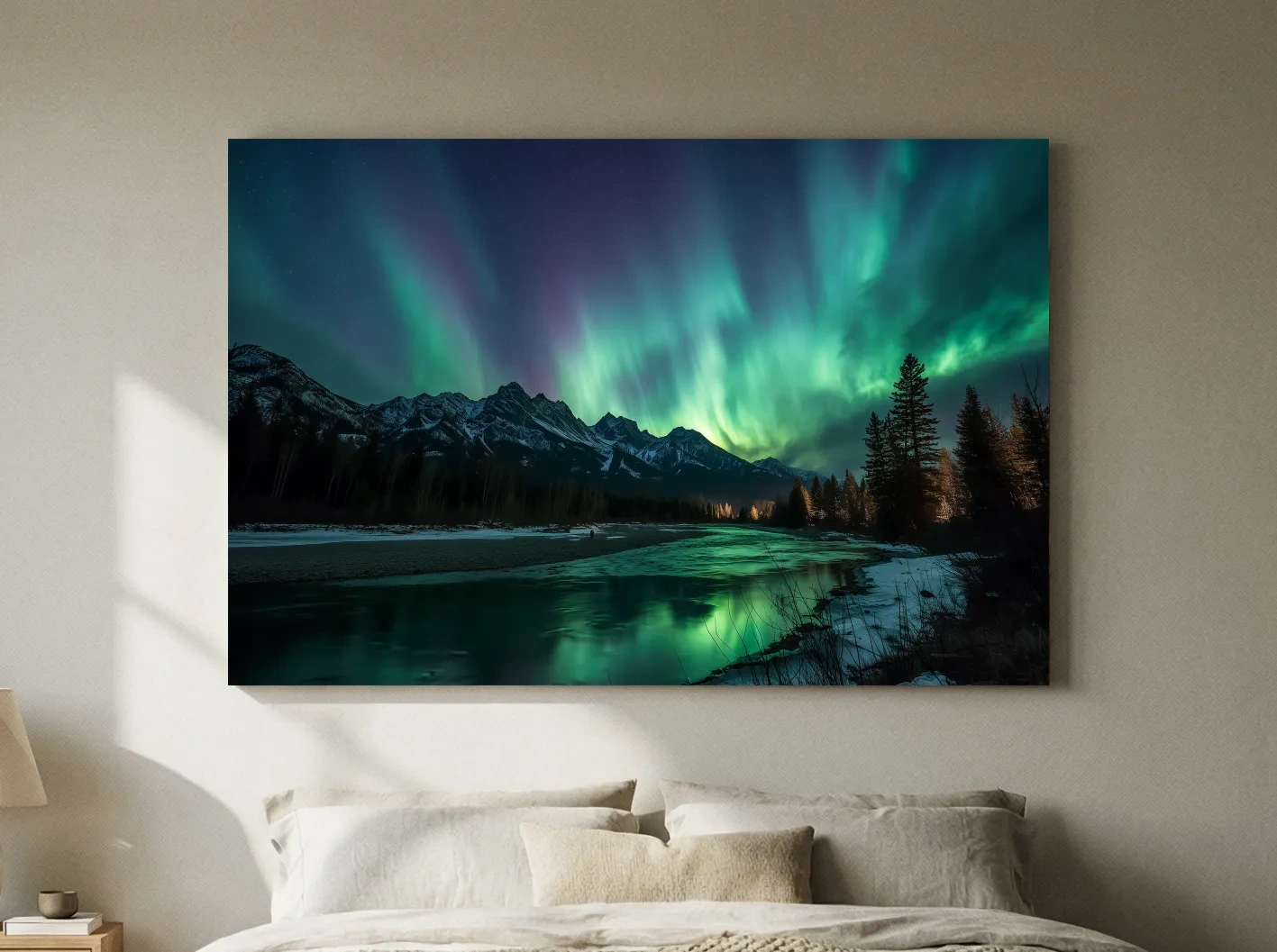 Vibrant Green Northern Lights Over Frozen Lake - Aurora Borealis Landscape Wall Art