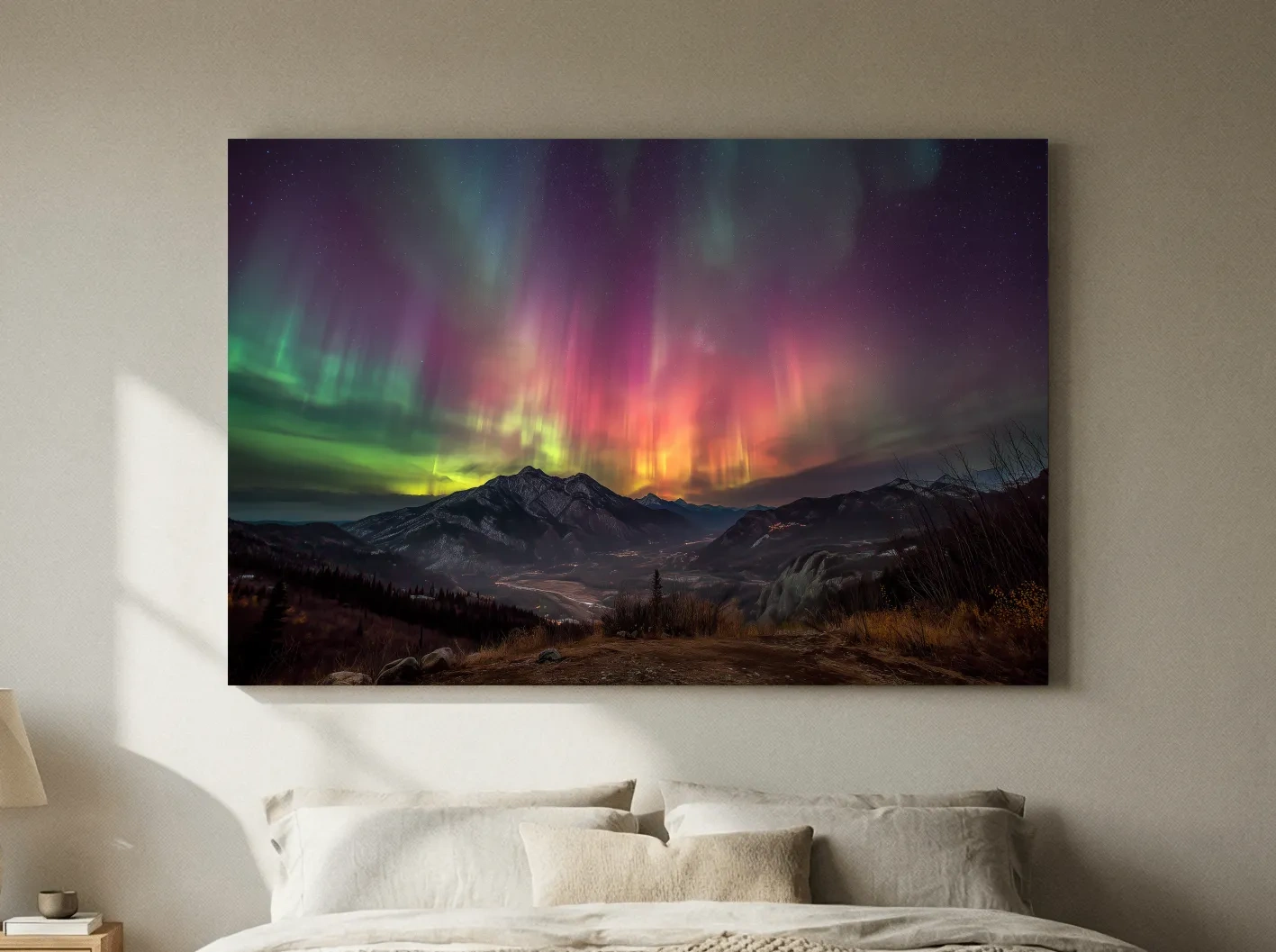 Vibrant Aurora Borealis Over Mountain Range - Colorful Northern Lights Landscape Wall Art