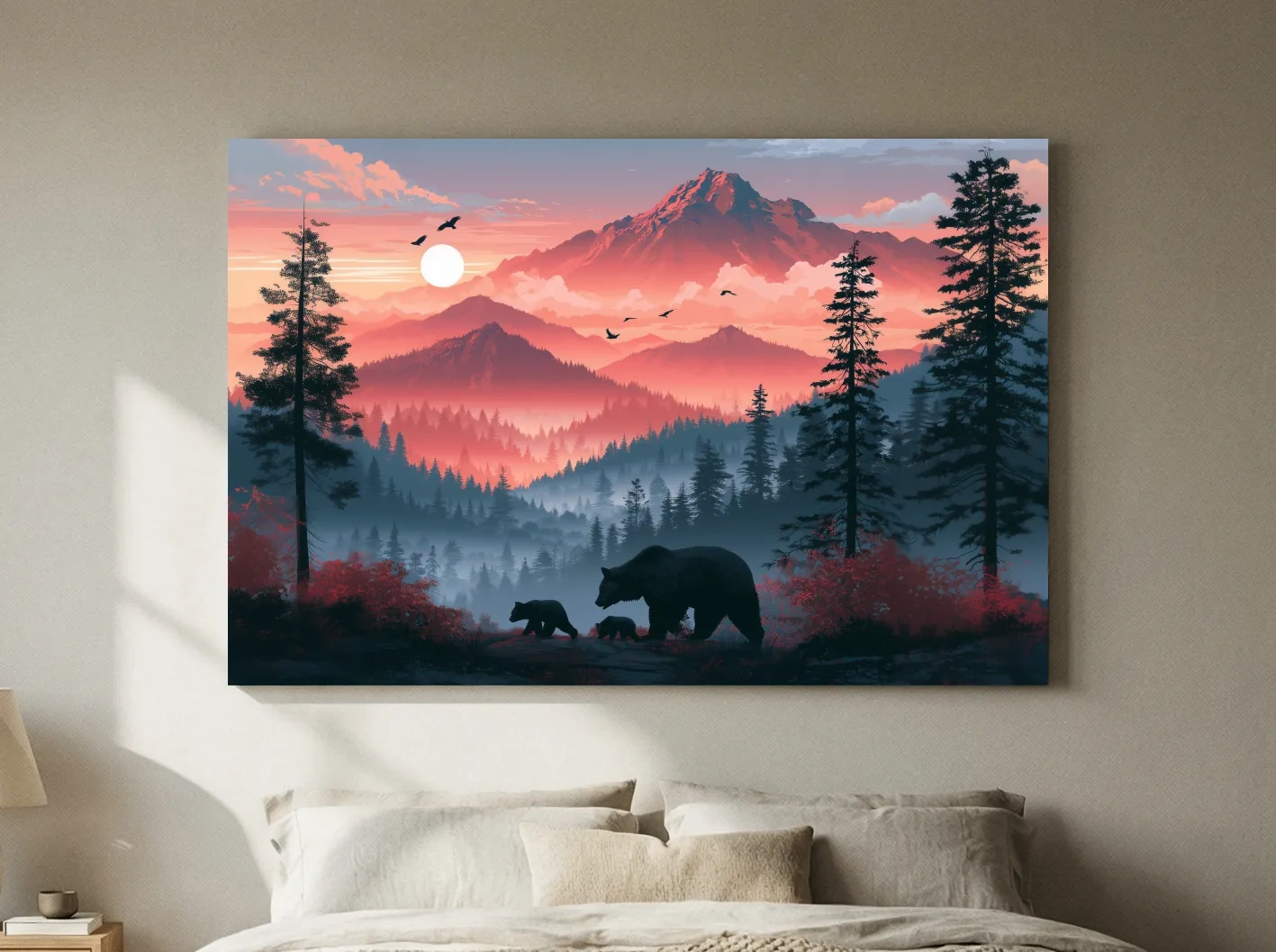 Sunset Mama Bear & Cubs Silhouette - Forest Wildlife Wall Art