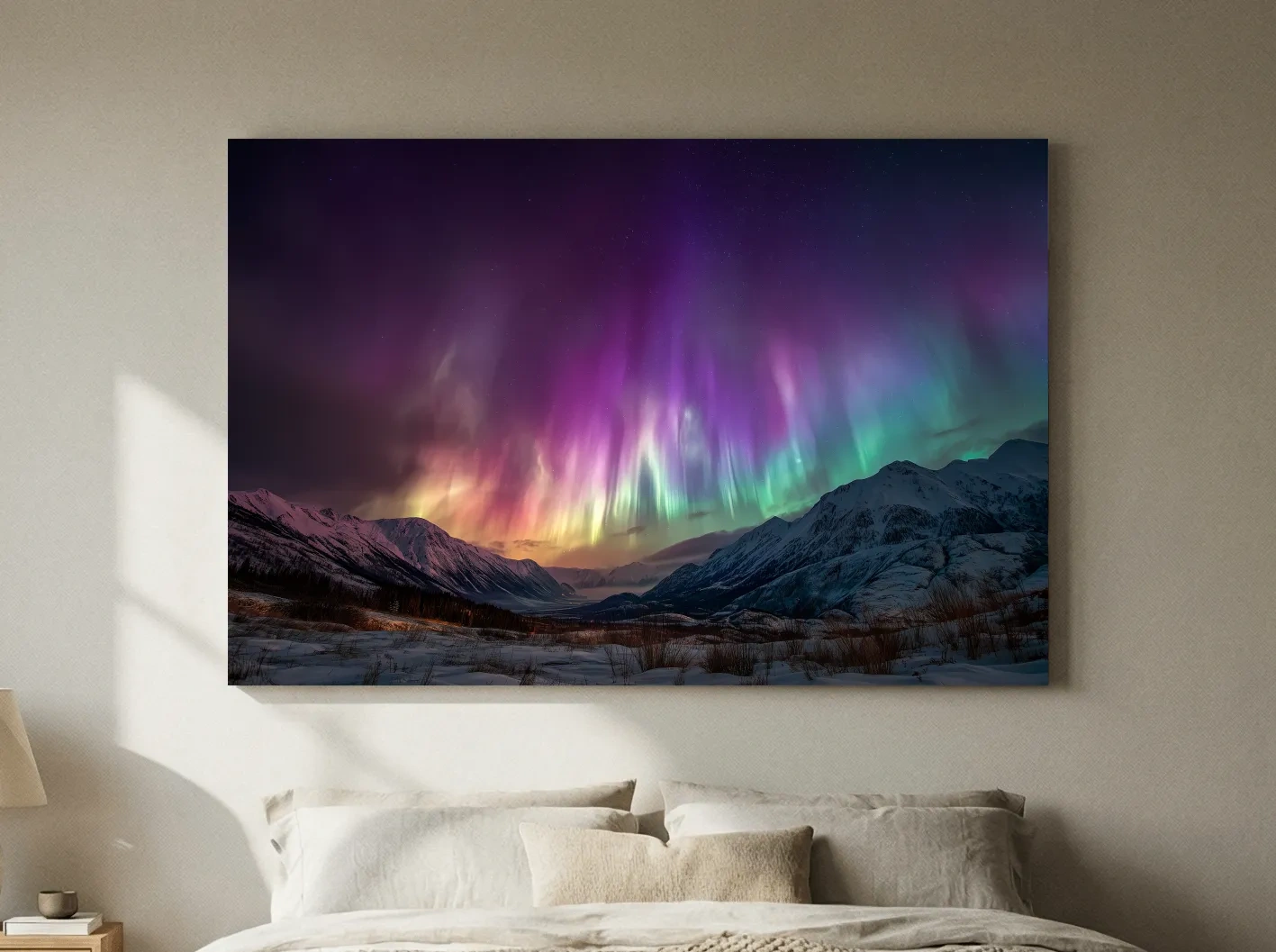 Vibrant Aurora Borealis Over Snowy Mountains - Northern Lights Night Sky Wall Art