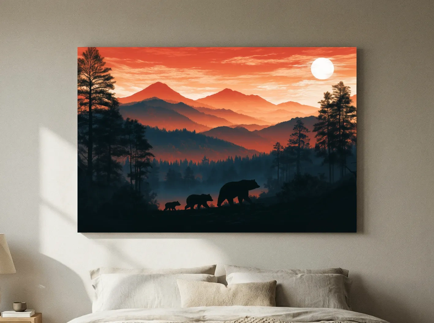 Mountain Sunset Bear Family Silhouettes - Wilderness Landscape Artwork