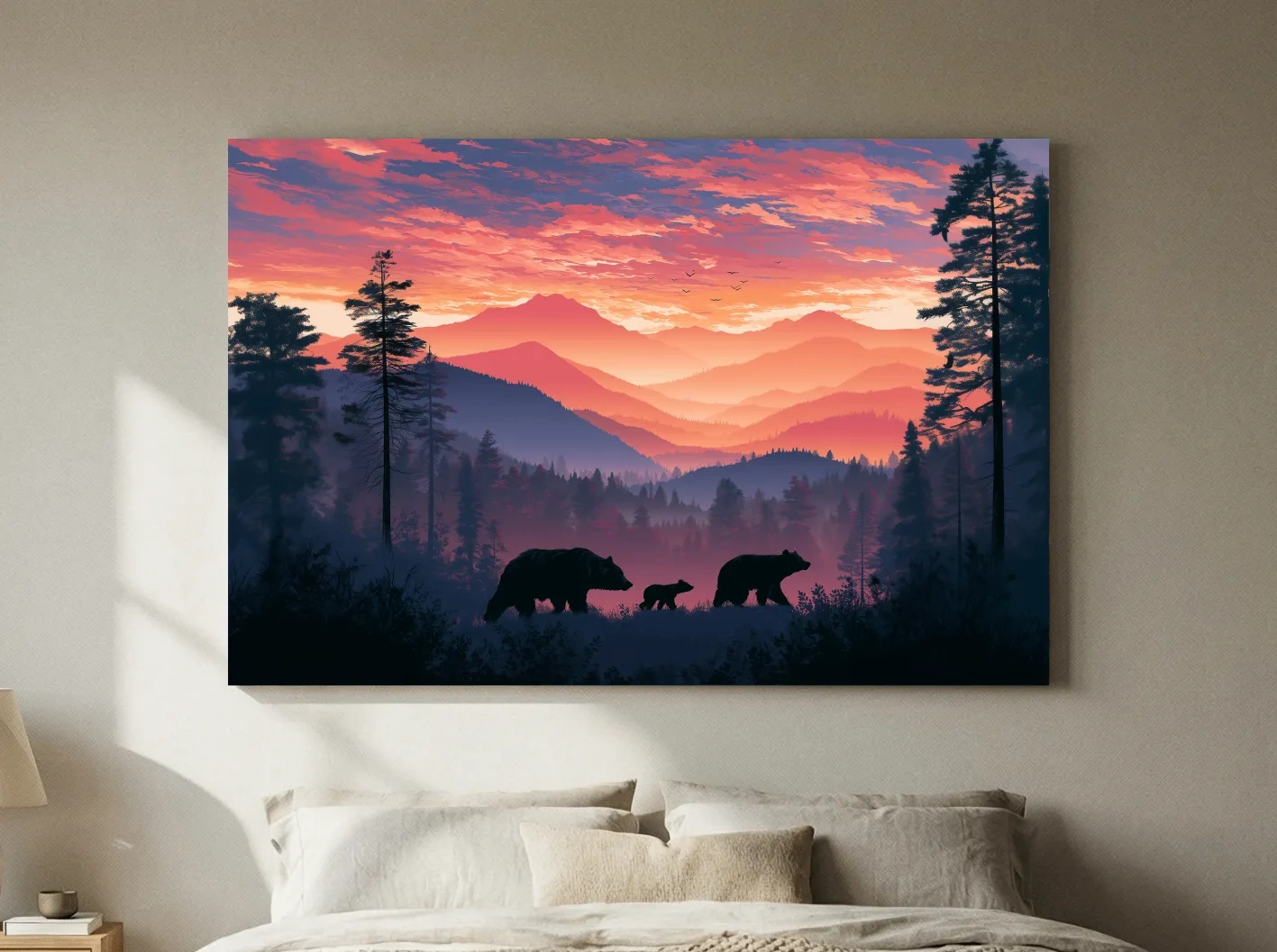 Moody Sunset Mountain Bear Family Silhouettes - Wildlife Wall Art
