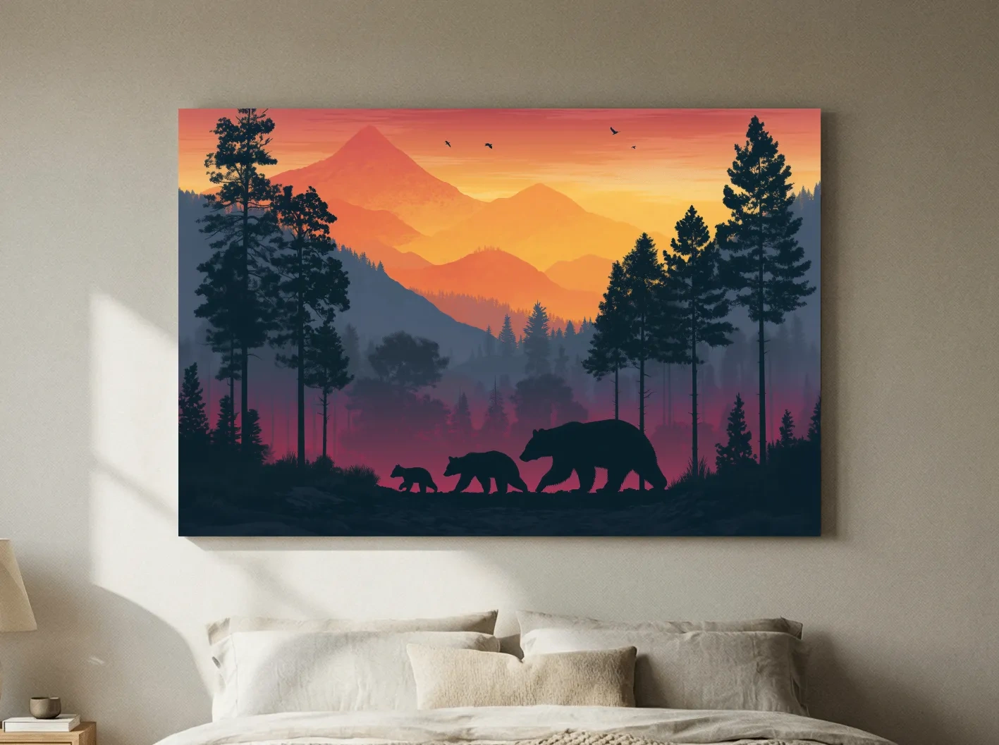Sunset Momma Bear & Cubs Silhouette - Forest Wildlife Wall Art