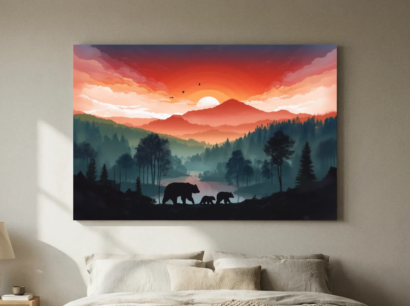 Sunset Bear Family Silhouette Landscape - Misty Mountain Forest Wall Art