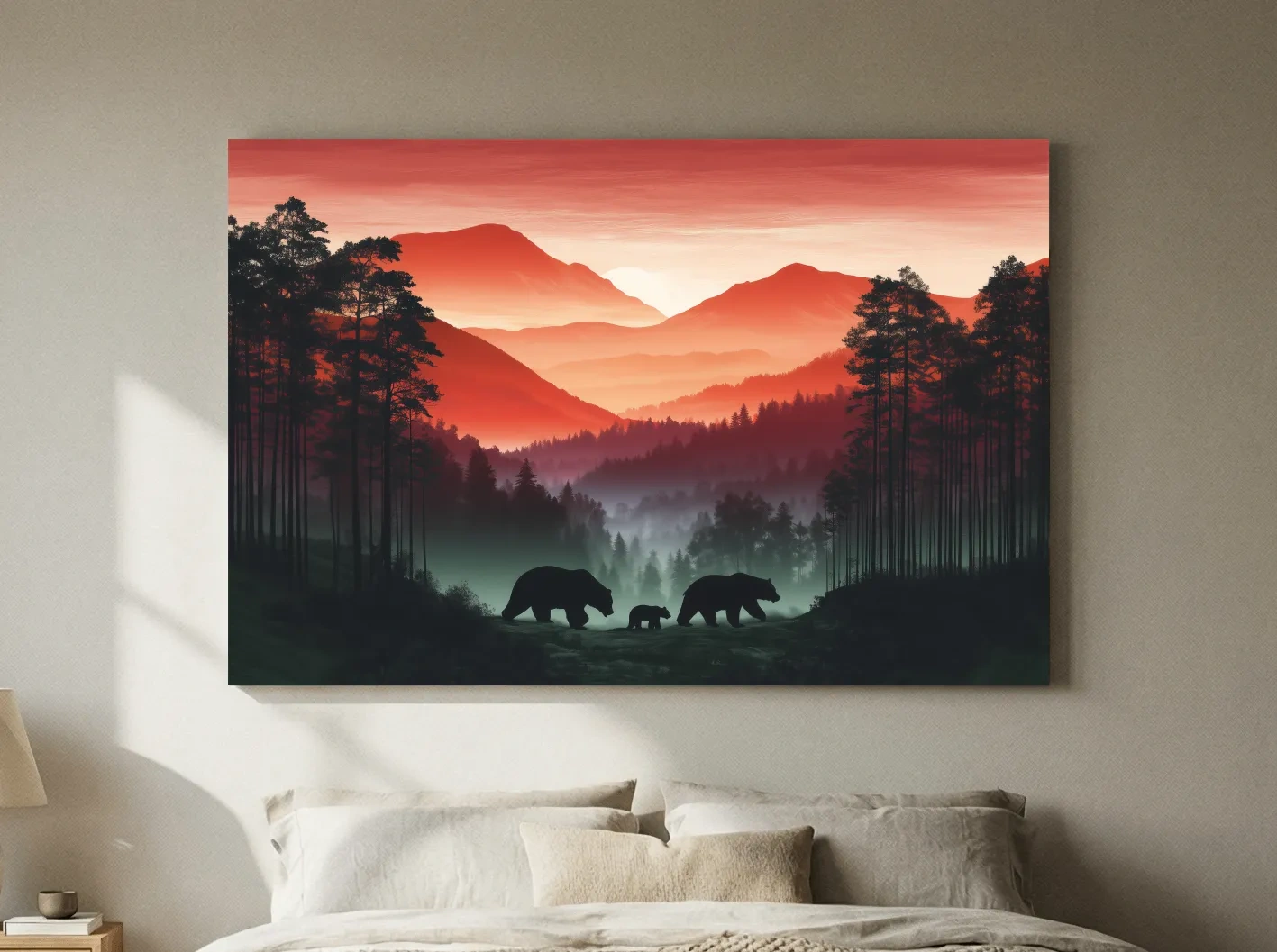 Moody Sunset Mountain Bear Family Silhouettes - Misty Forest Wildlife Wall Art
