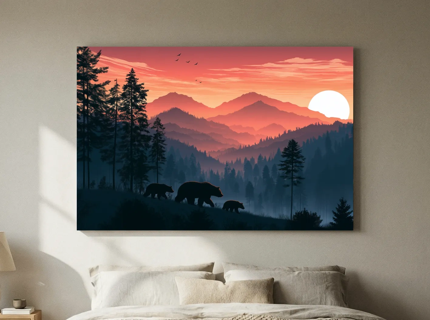 Bear Family Silhouette Mountain Sunset - Wildlife Landscape Wall Art