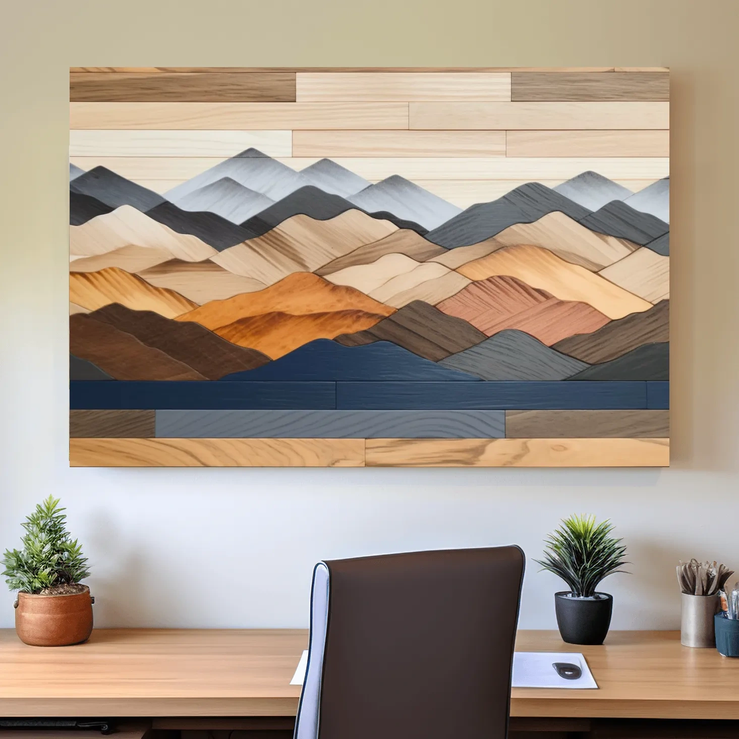 Rustic mountain wall art, layered wood piece effect