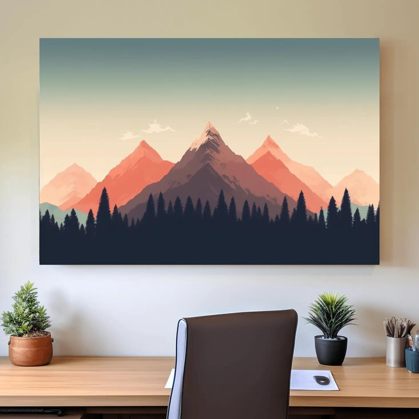 Minimalist Alpine Mountain Sunrise Artwork - Modern Scandinavian Forest Wall Art