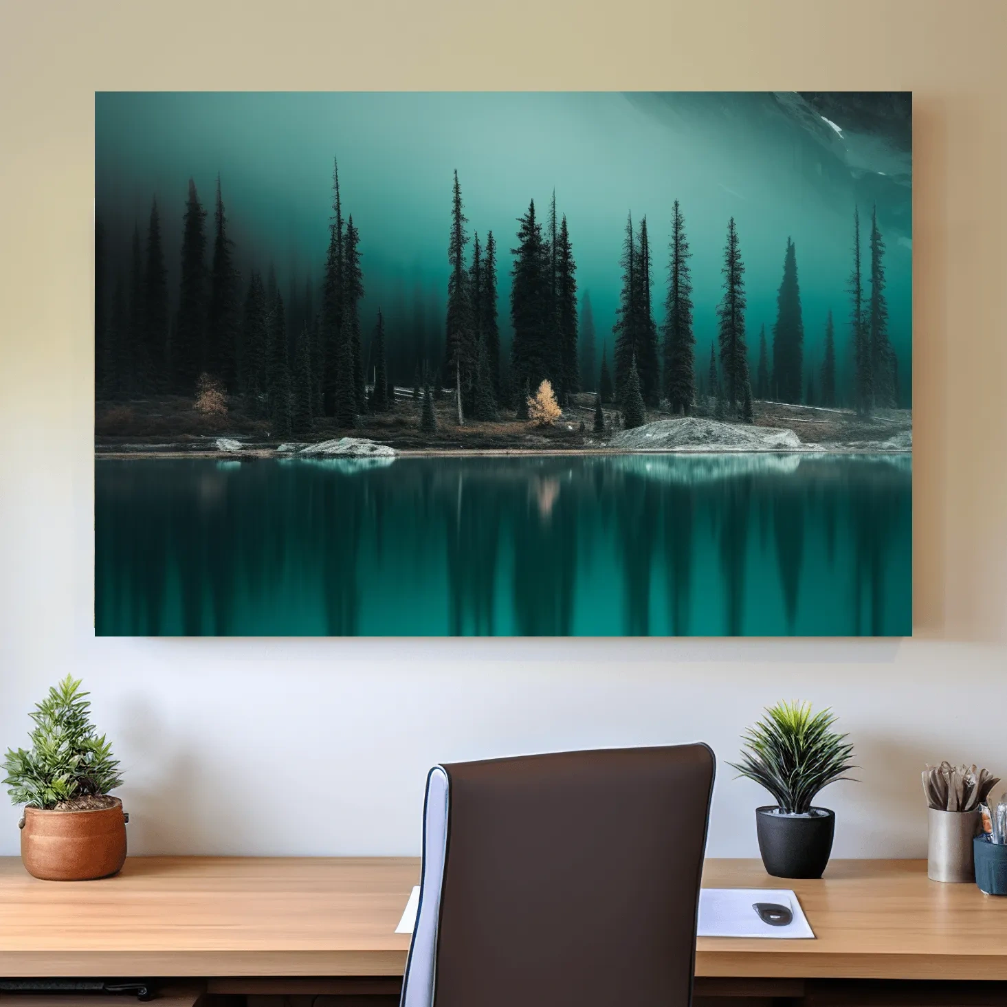 Trees on a turquoise alpine lake, mountain painting