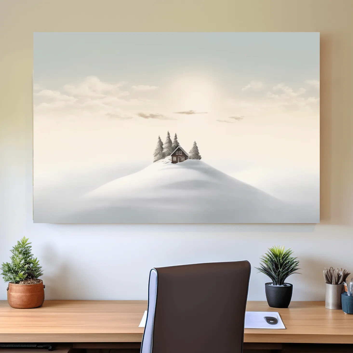 Minimal painting, cabin in the snow