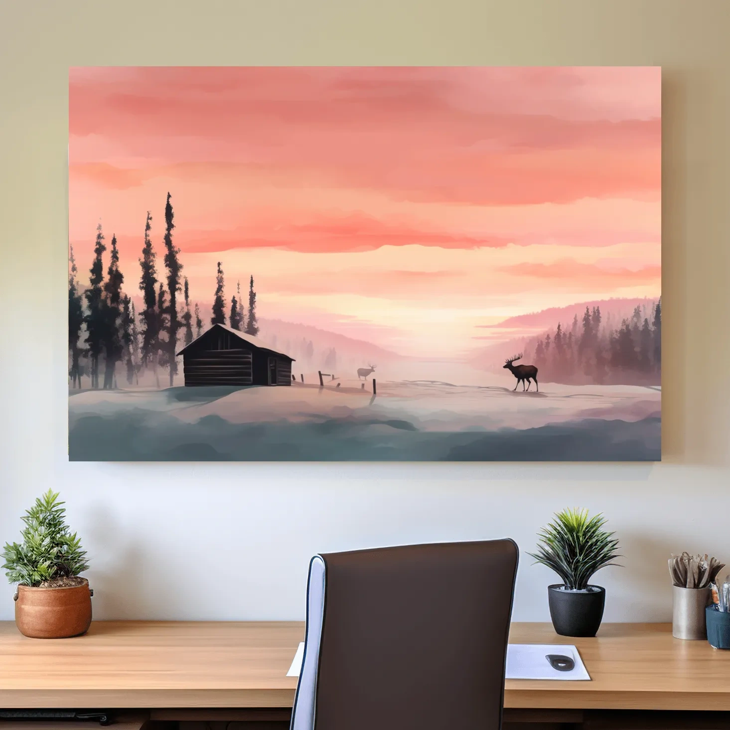 Sunset mountain scene, deer in the snow