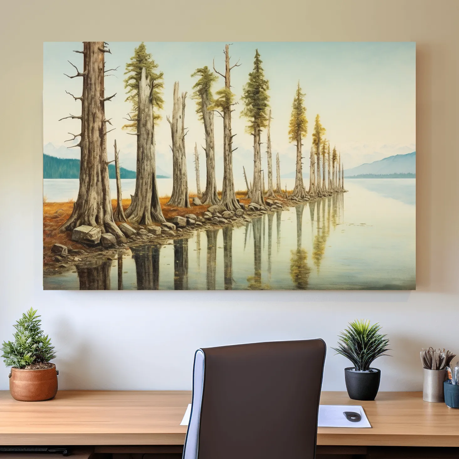 Painting of a line of trees beside a lake and mountains