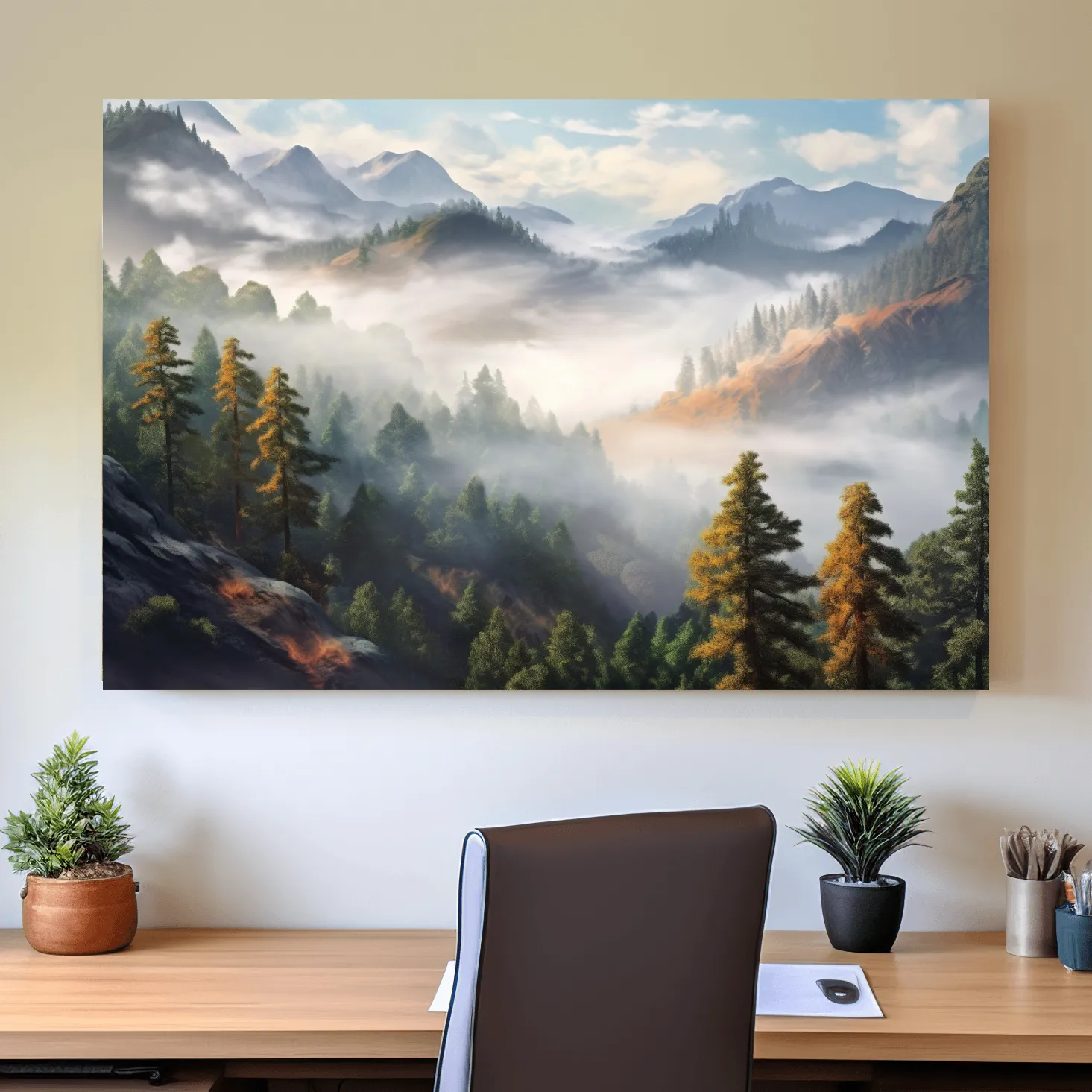 Misty Mountain Valley Forest Landscape - Serene Foggy Nature Painting Wall Art