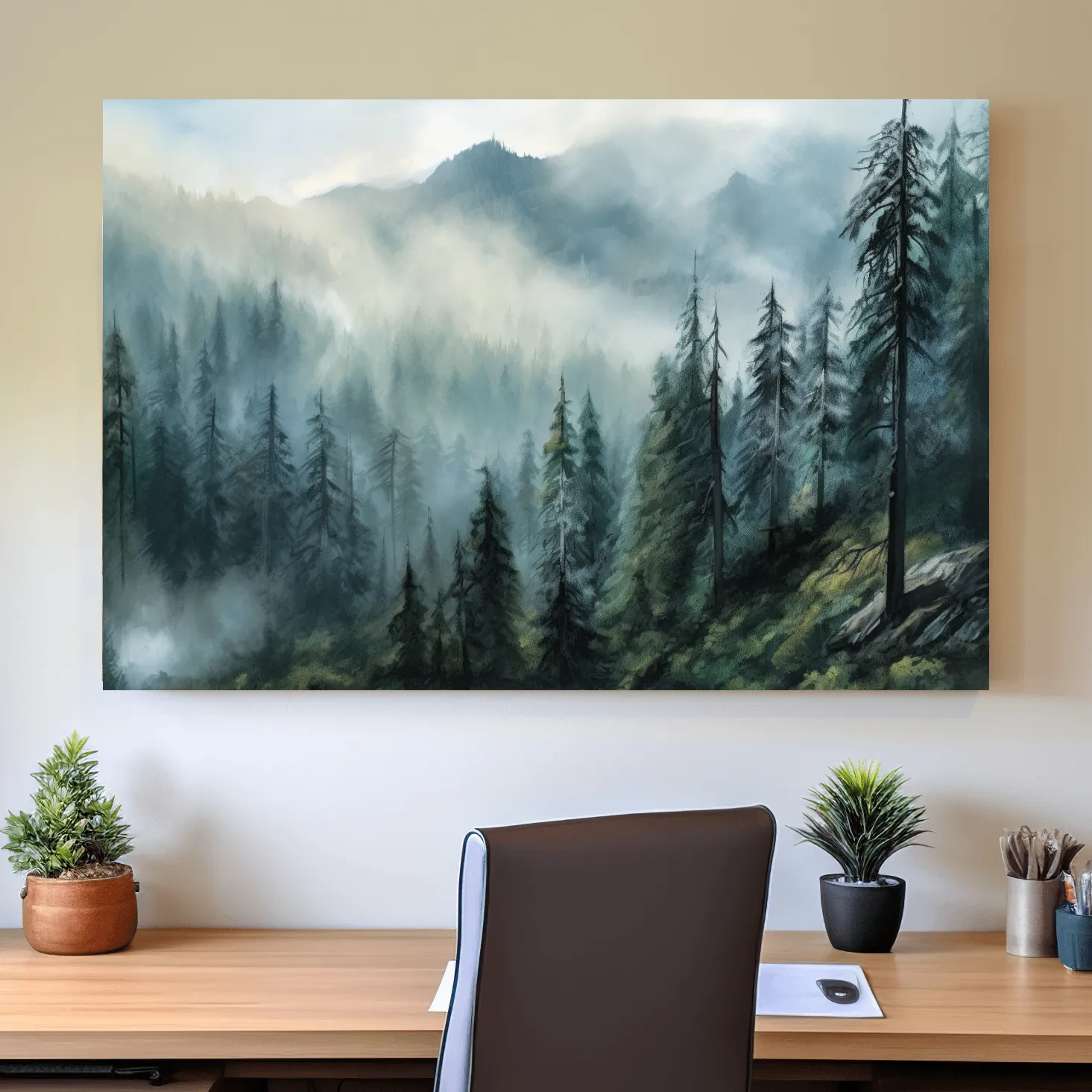 Misty Evergreen Forest Mountain Landscape - Moody Watercolor Nature Wall Art