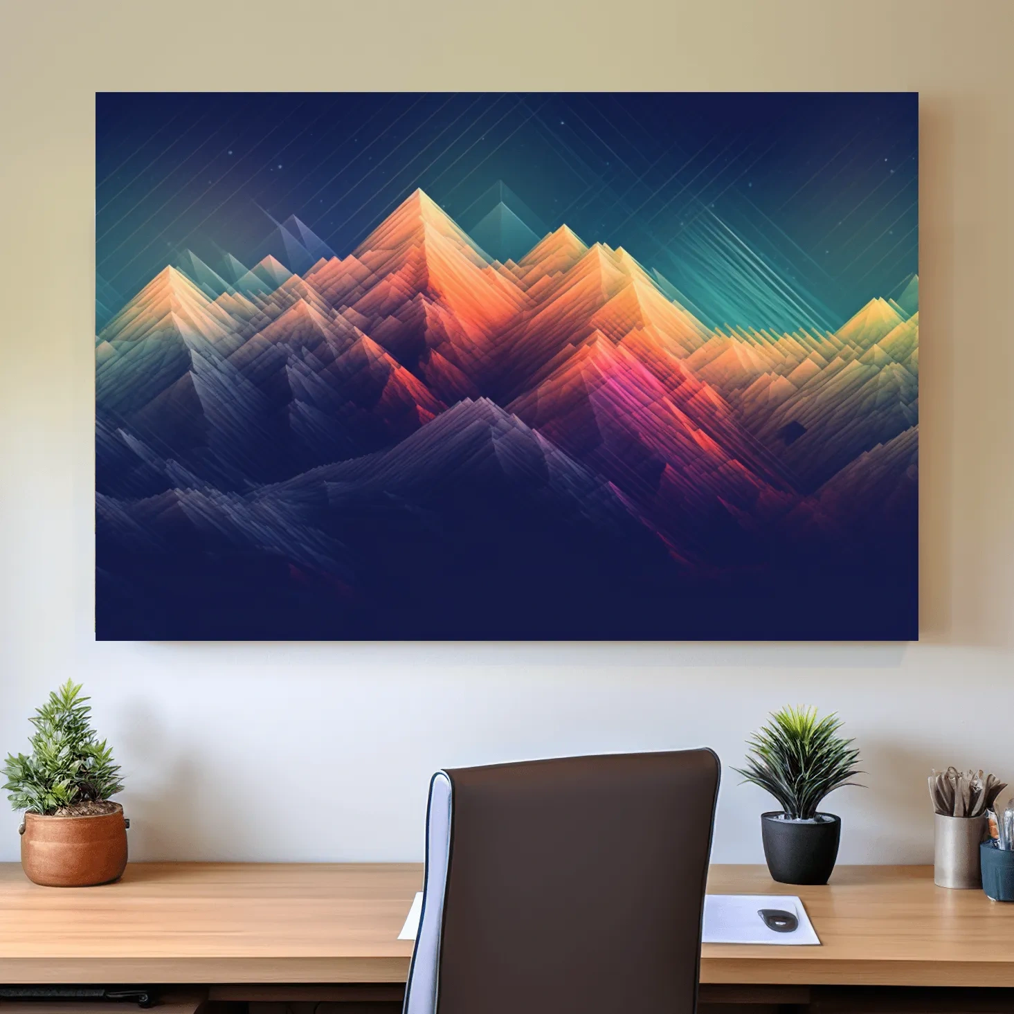 Glitched line art of a mountain landscape