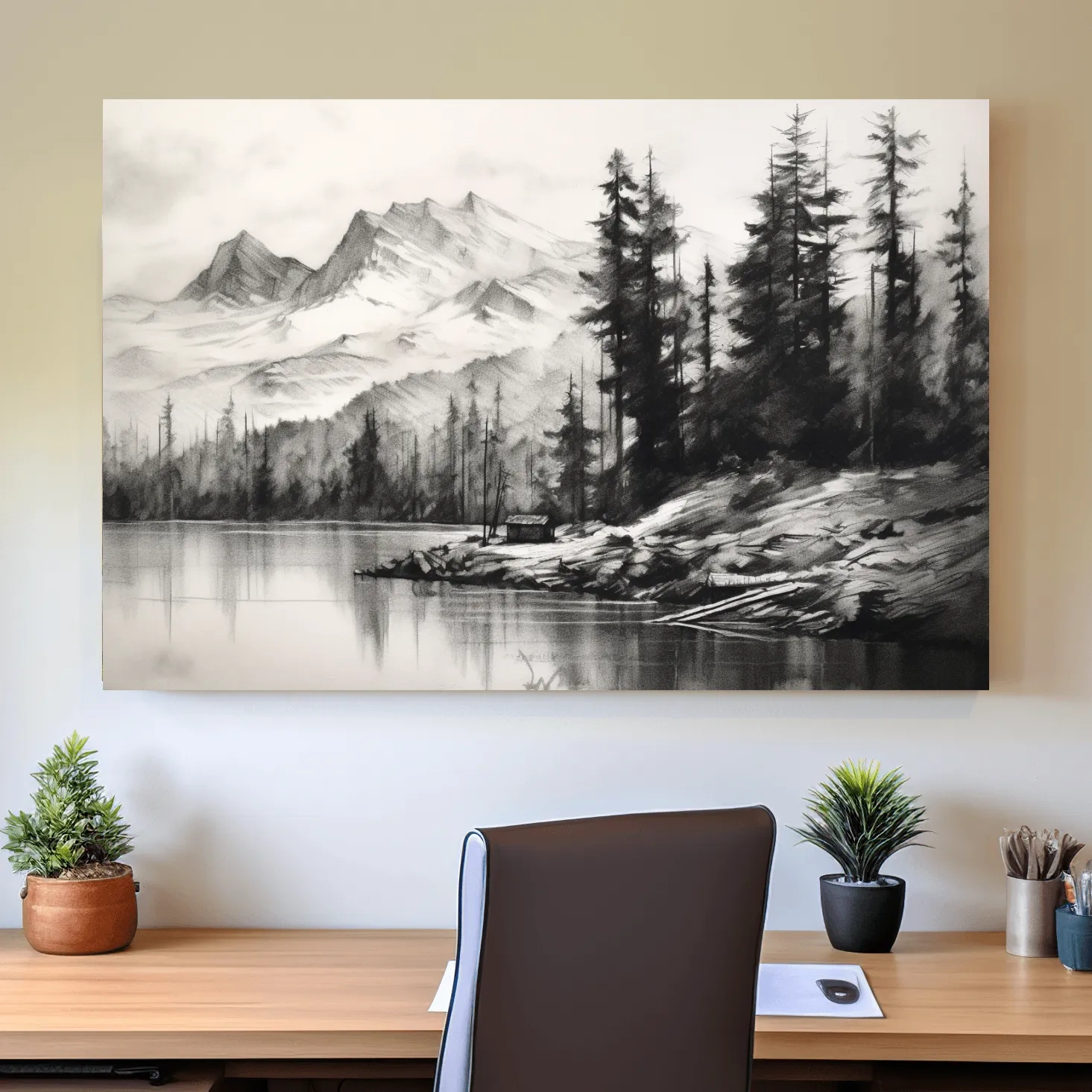 Charcoal drawing of mountains and a lake