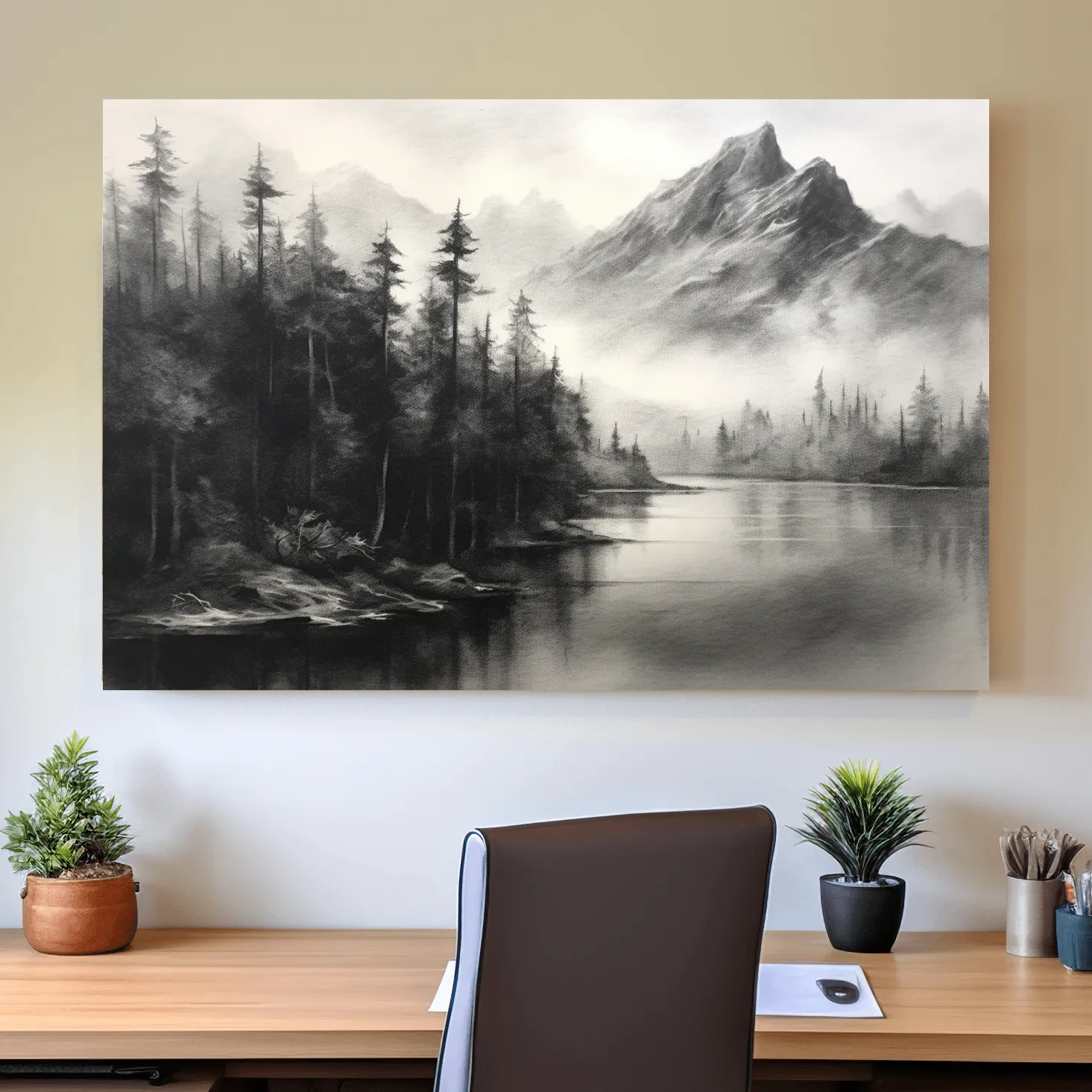 Charcoal drawing of mountains and a lake