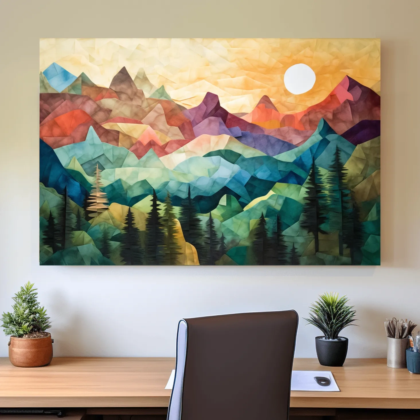 Abstract canvas print of mountains at sunset, patchwork effect