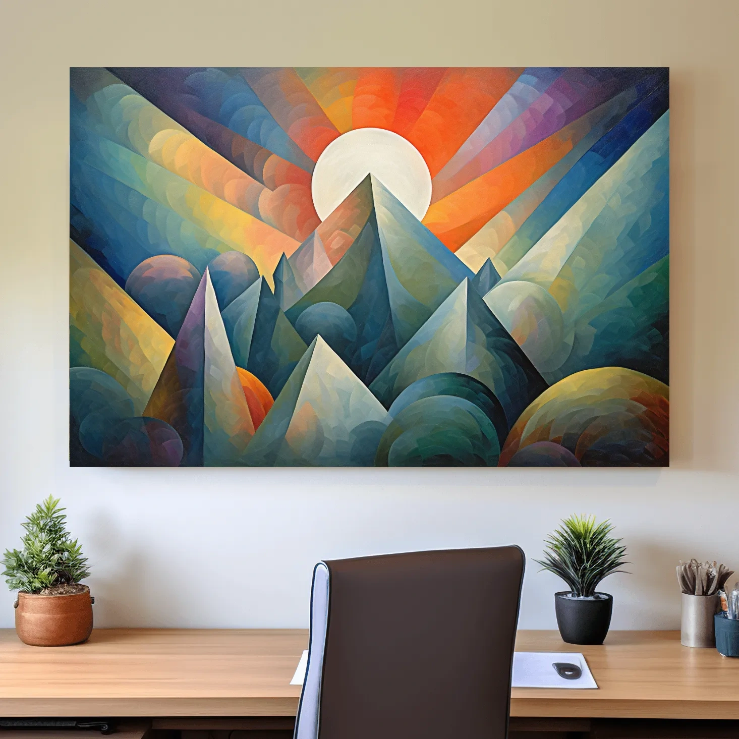 Abstract painting of mountains at sunrise