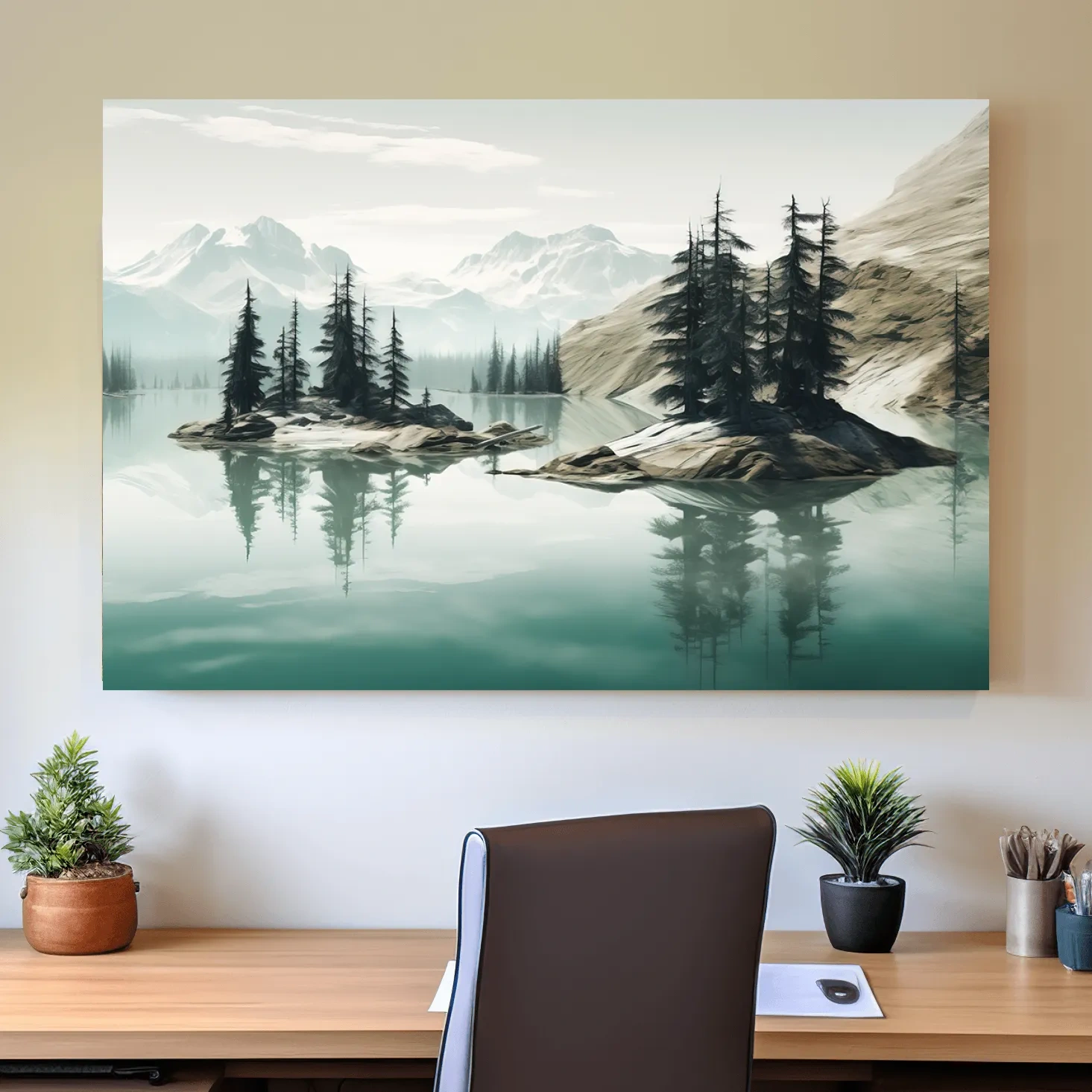 Painting of trees on an alpine lake