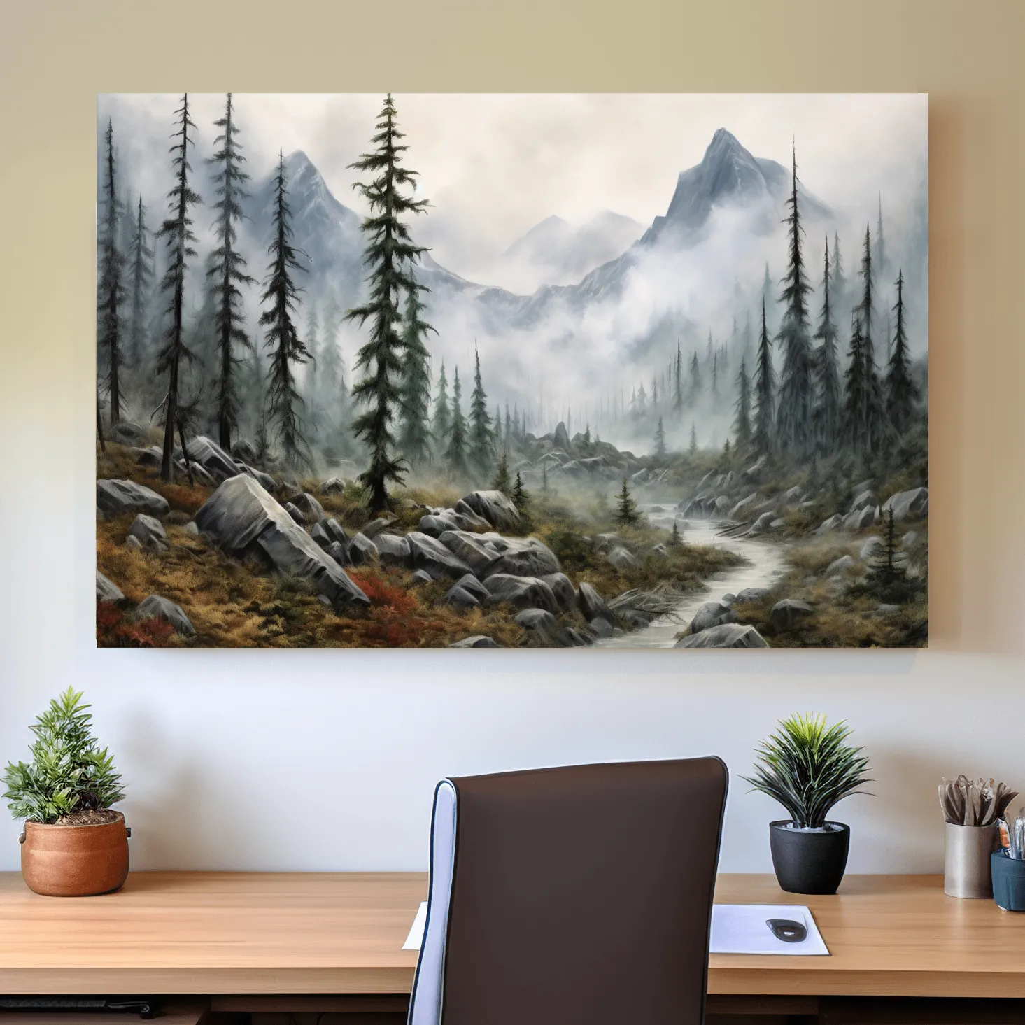 Painting of fog rolling through mountain scenery