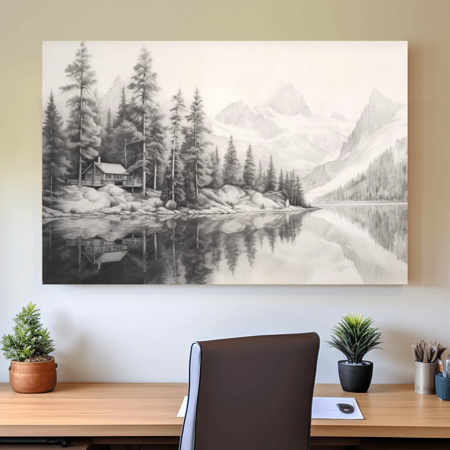 Lead pencil drawing of a cabin by a glacial lake