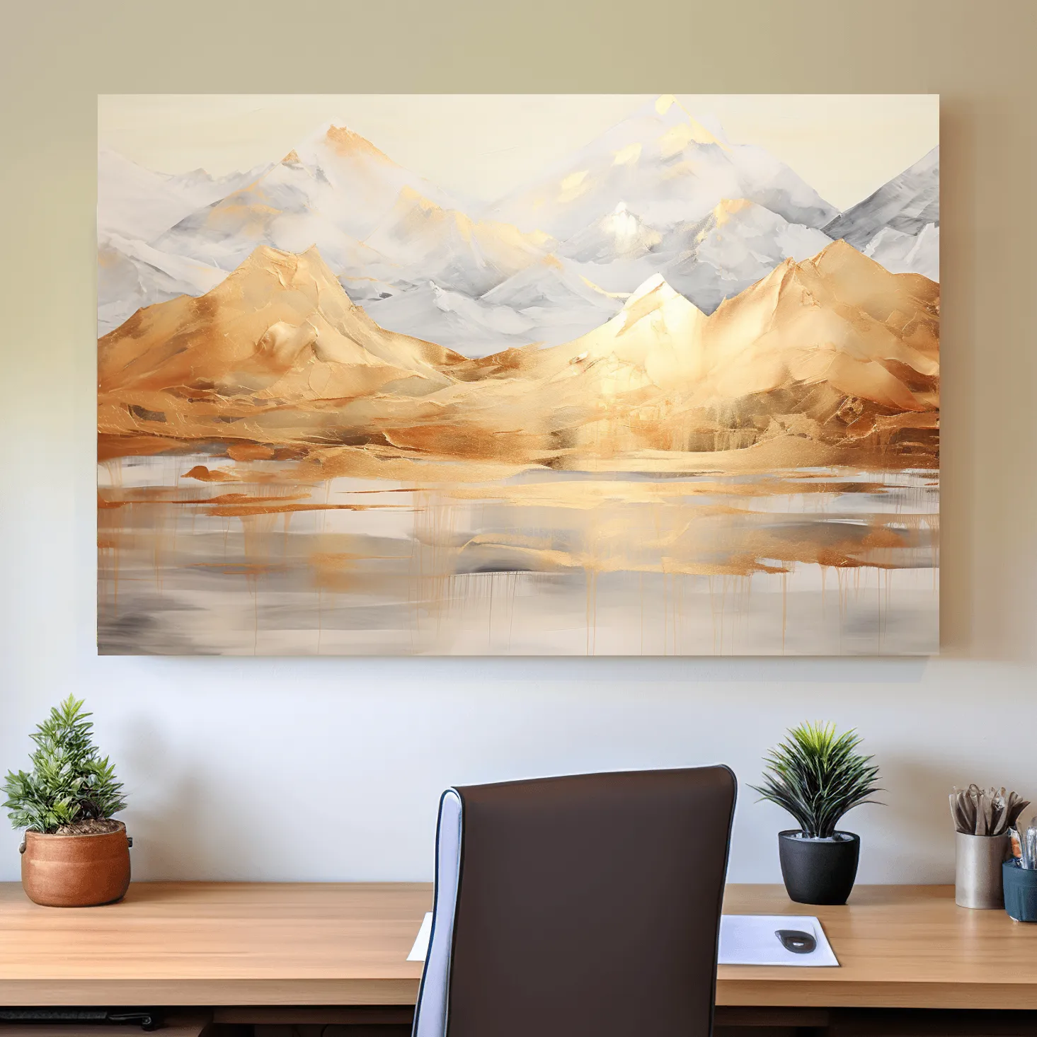 Abstract gold painting of a mountain landscape