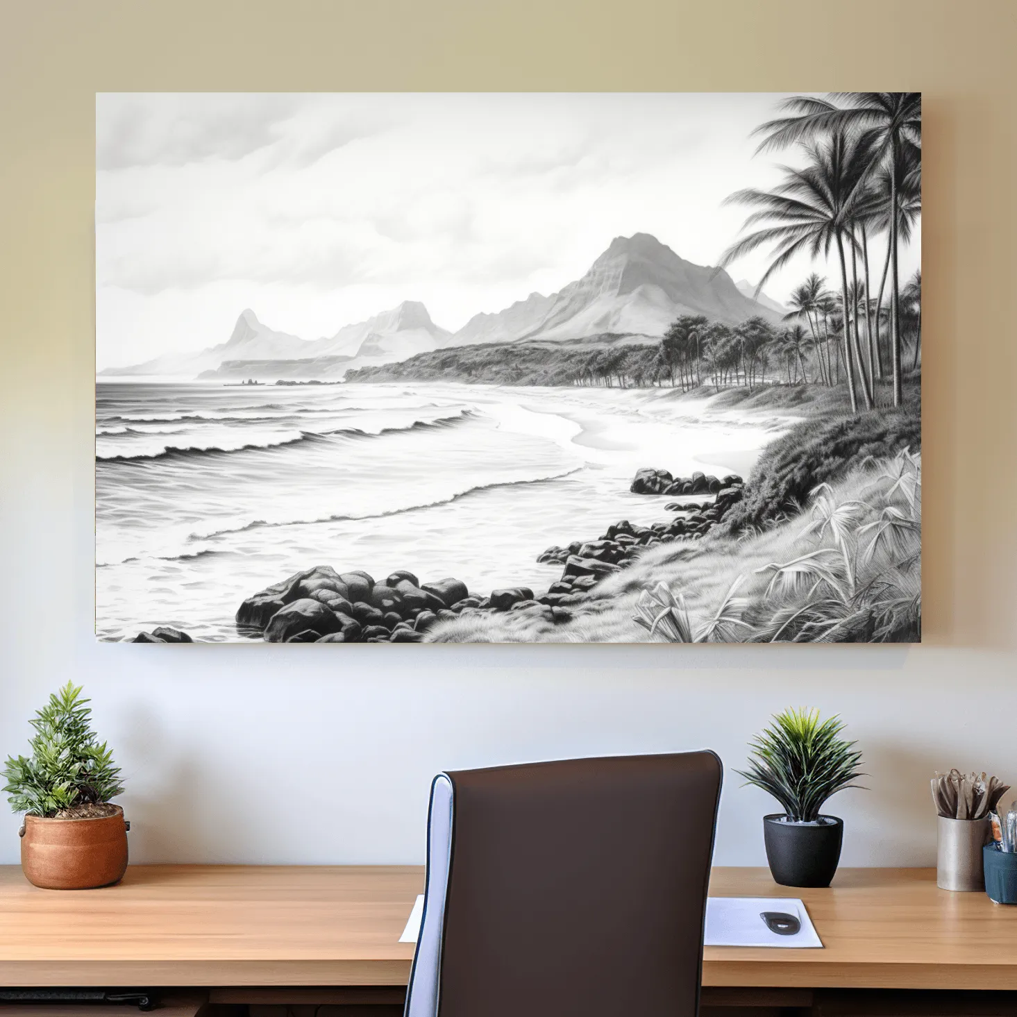 Black and white drawing of a tropical beach mountain scene