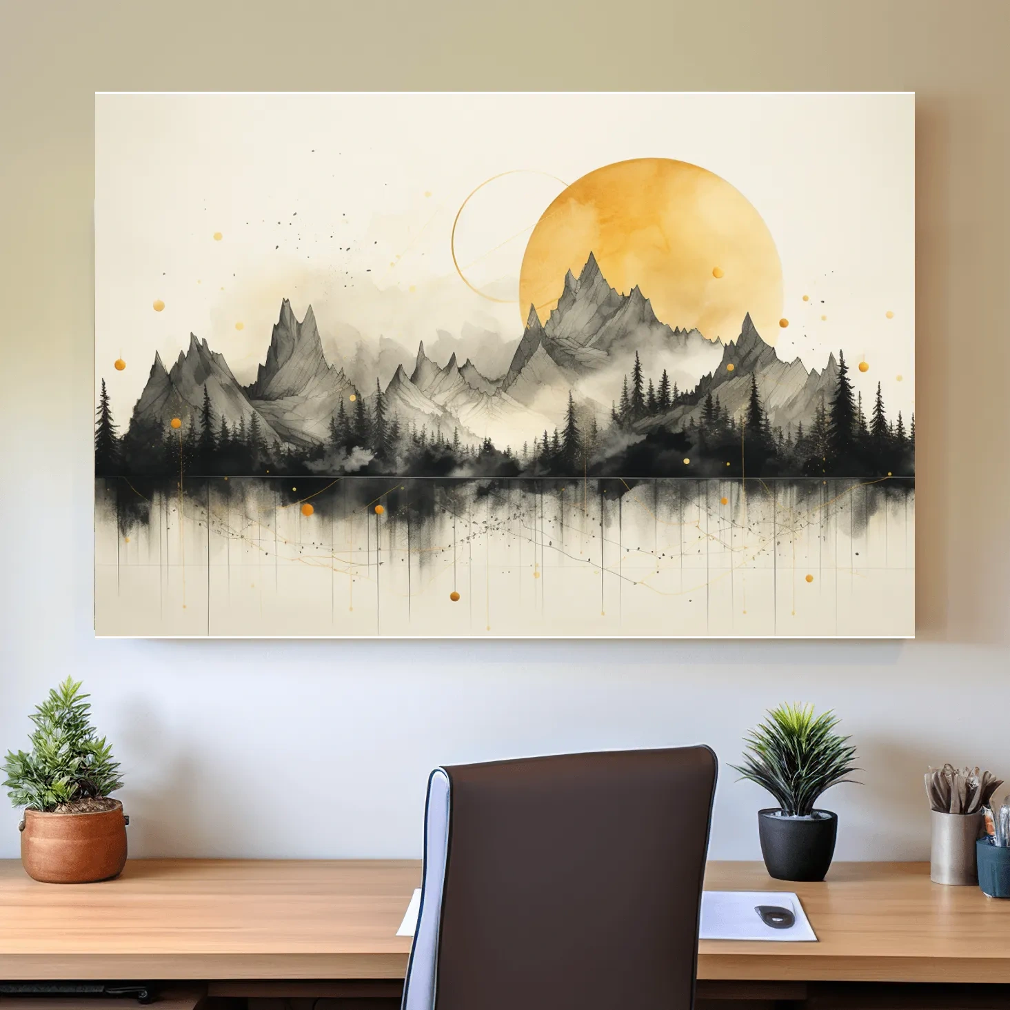 Golden Sun Abstract Mountain Range - Minimalist Watercolor Landscape Wall Art