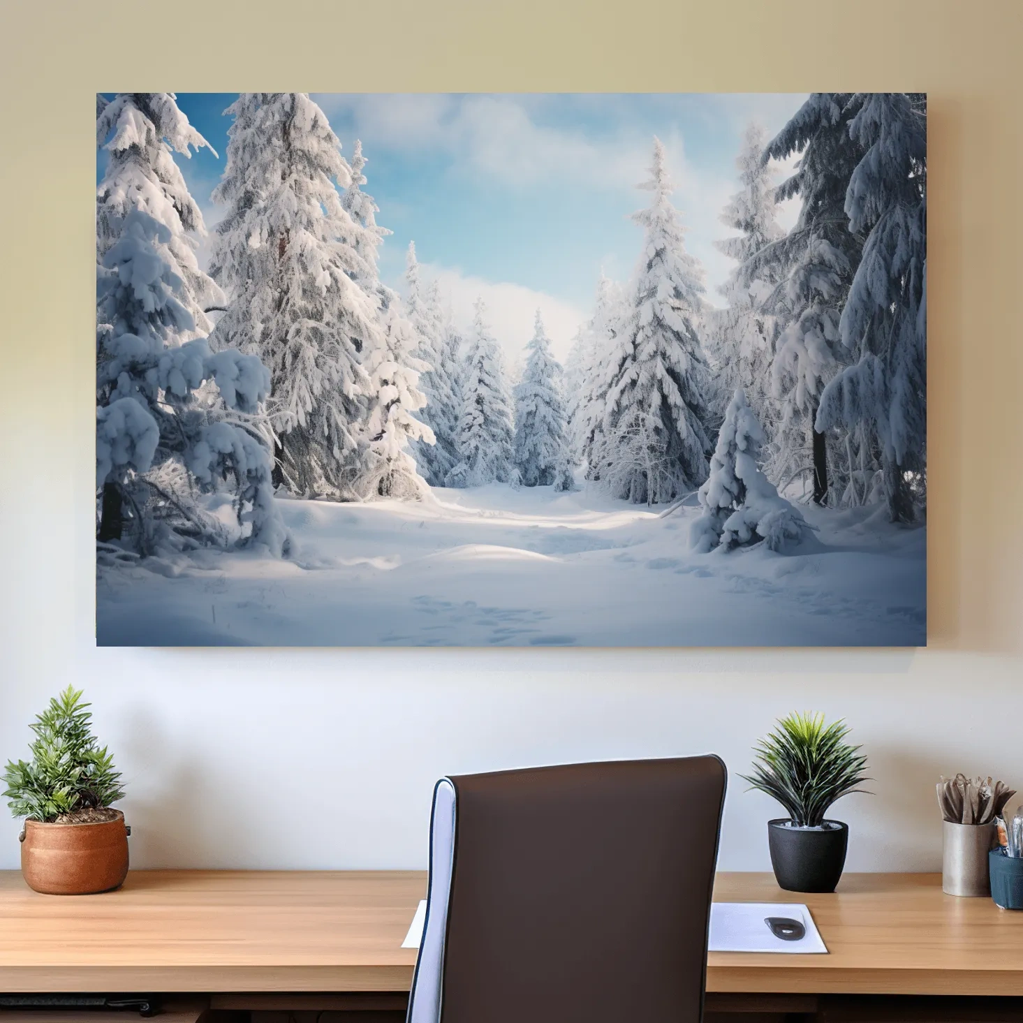 Photographic art, snow covered hemlock trees