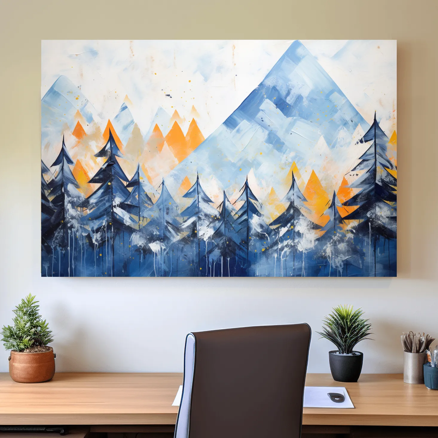 Simple blue and orange abstract mountain painting