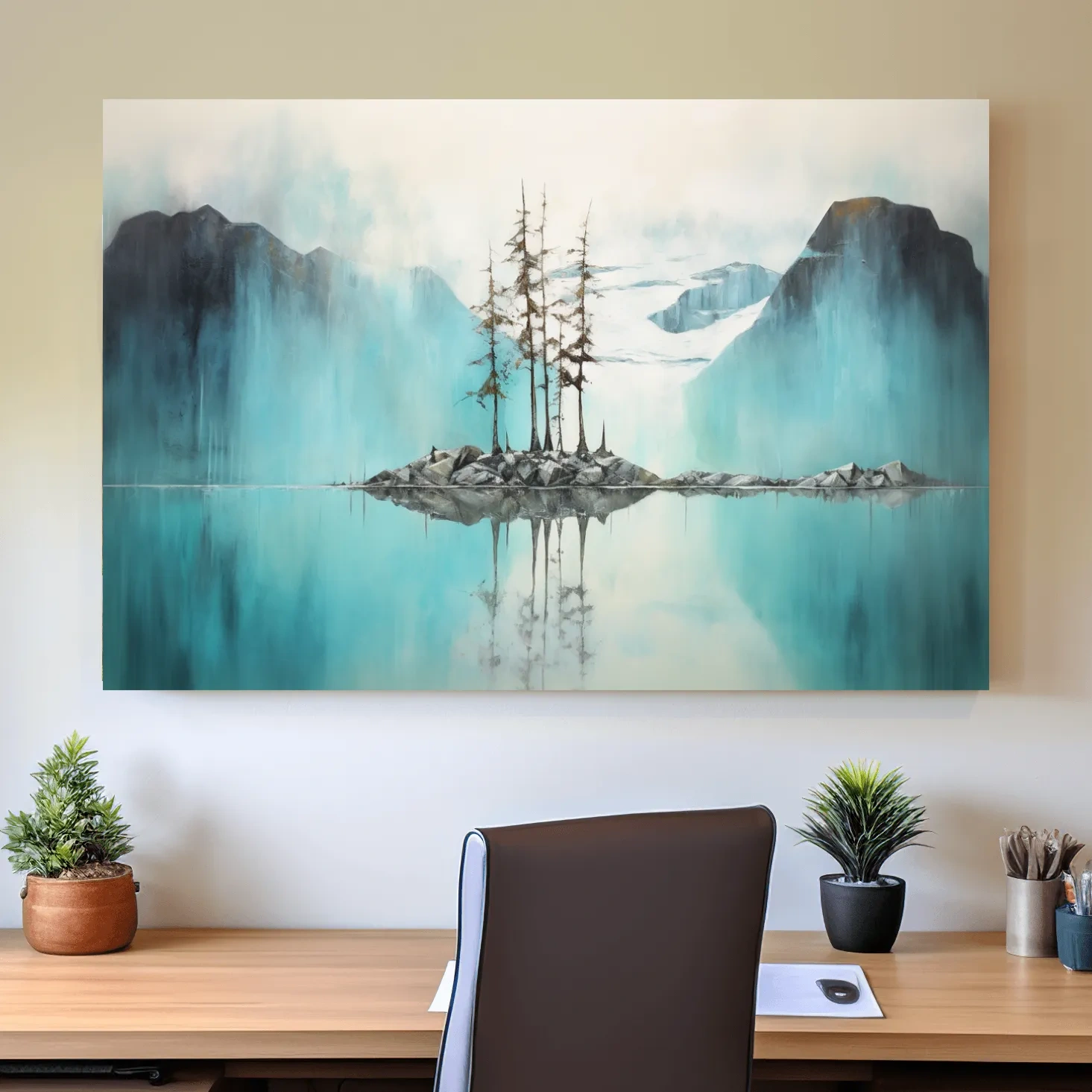 Trees on a turquoise lake, mountain painting