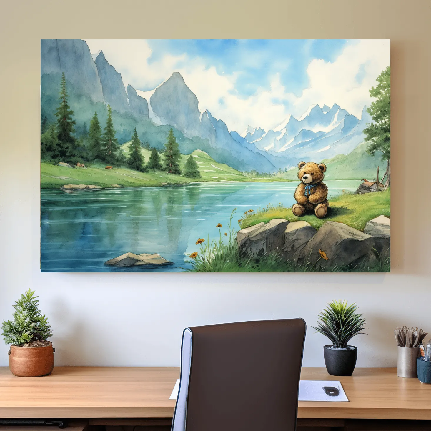 Childrens painting of teddy bear in the mountains