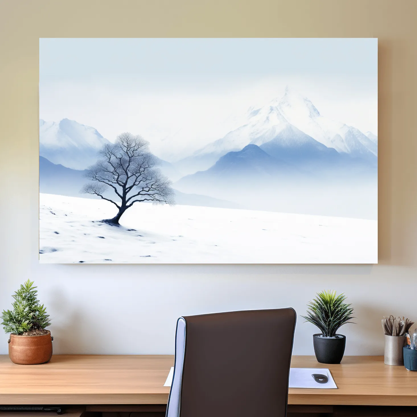 Minimalist Snowy Mountain Landscape With Lone Tree - Serene Winter Painting Wall Art