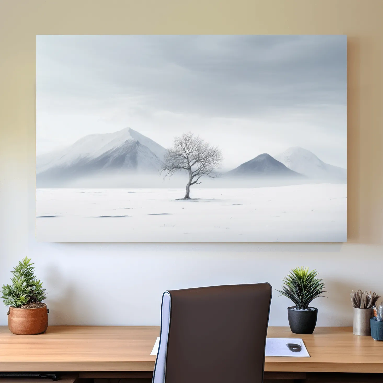 Minimal art, painting of a tree in the snow