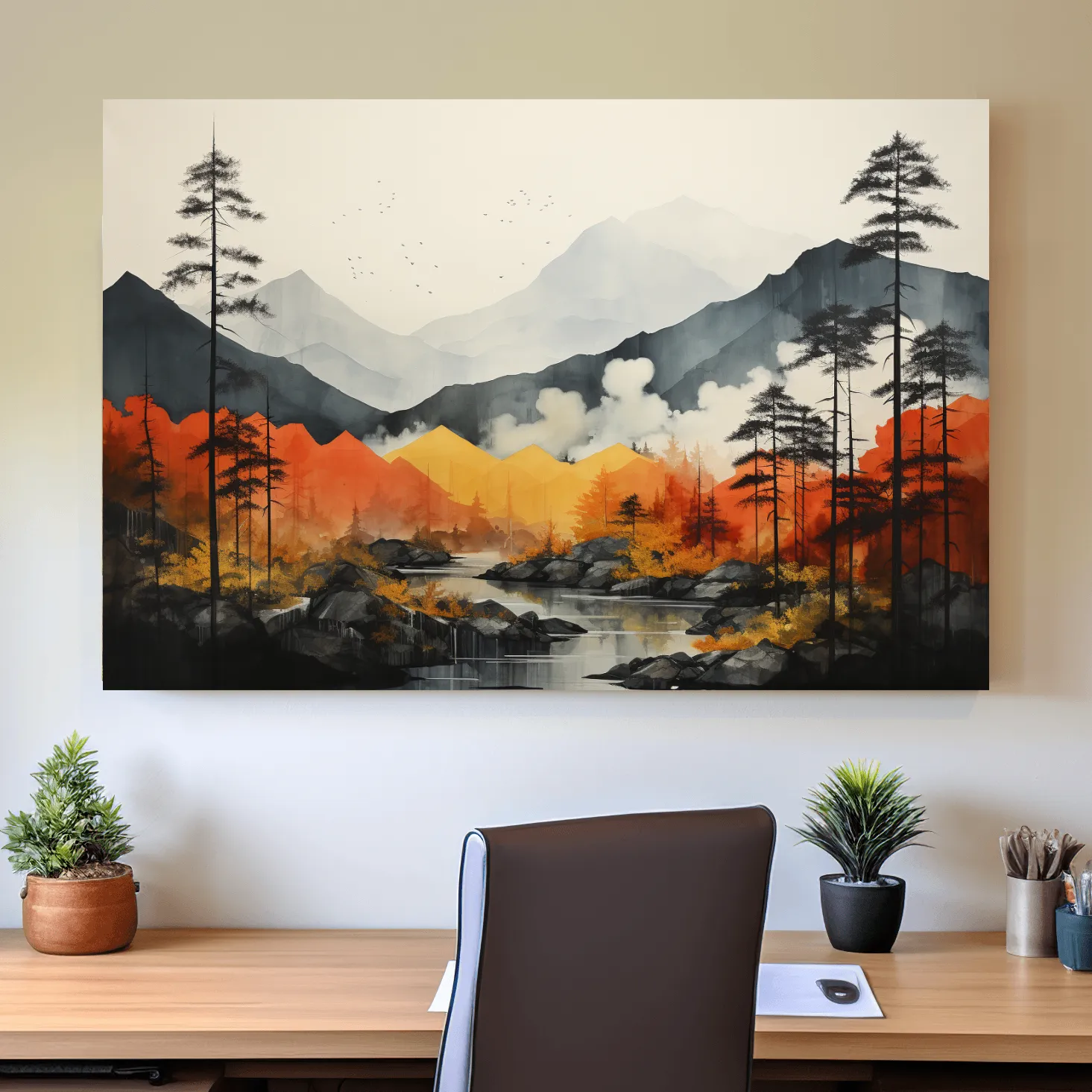 Surreal watercolour painting, colorful mountain scenery