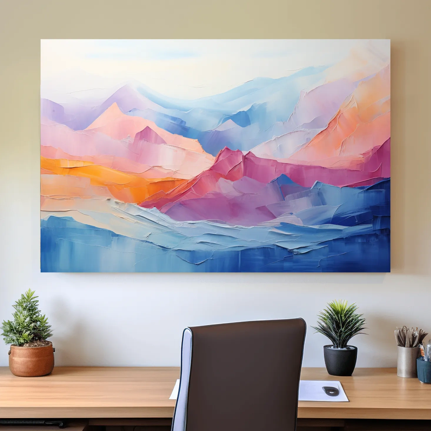 Abstract colourful oil painting representing mountains, canvas wall art
