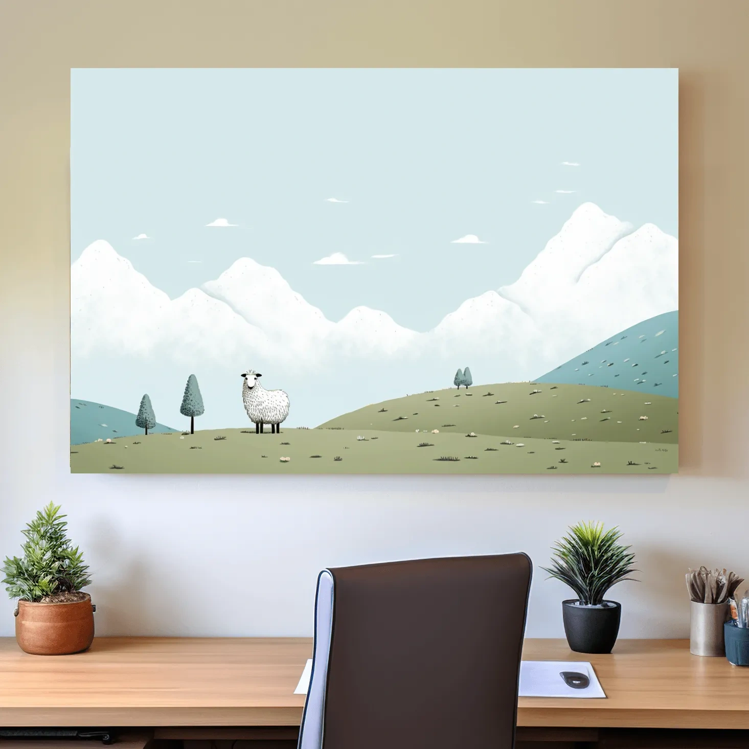 Illustration of a sheep in an alpine landscape