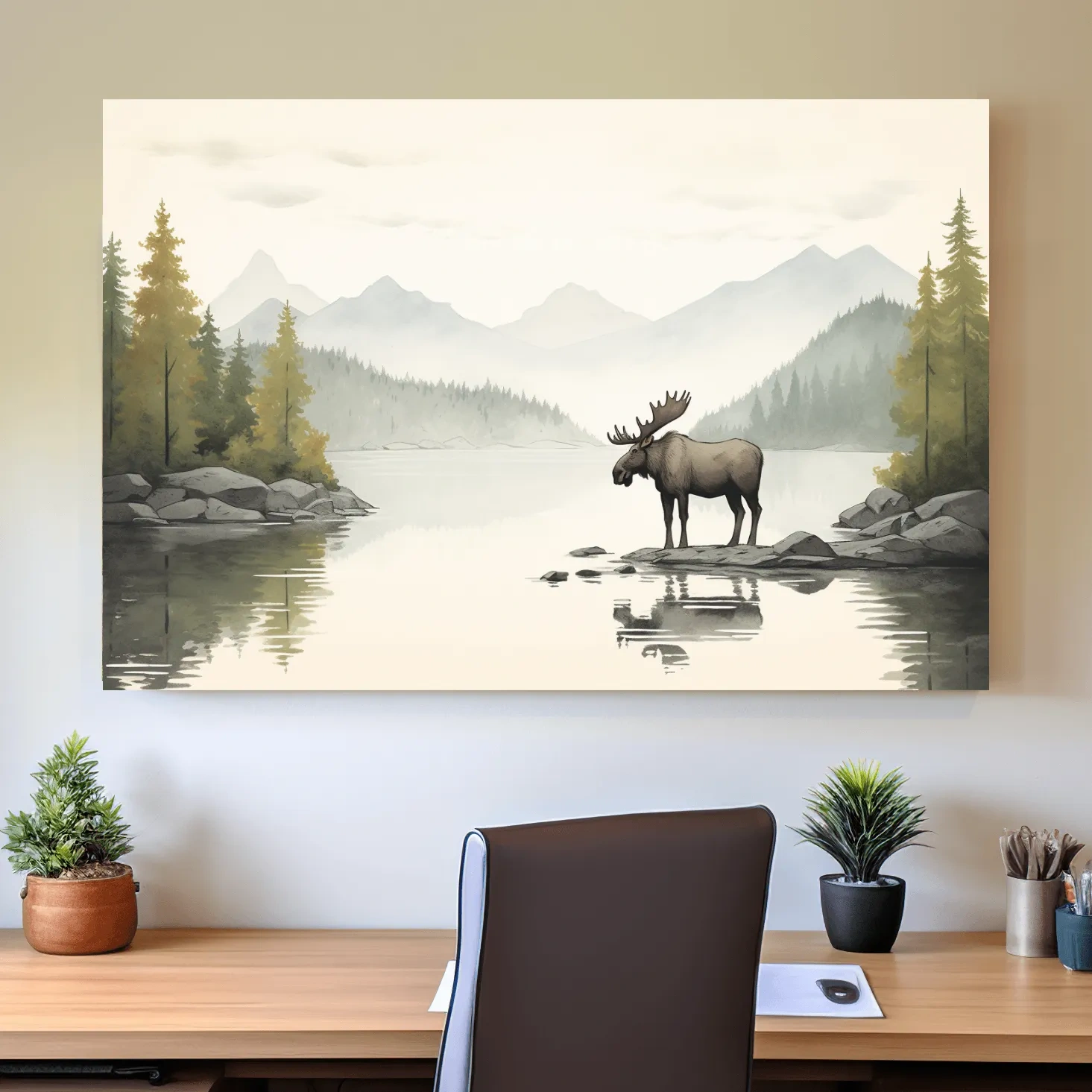 Childrens nursery illustration of a moose by a lake