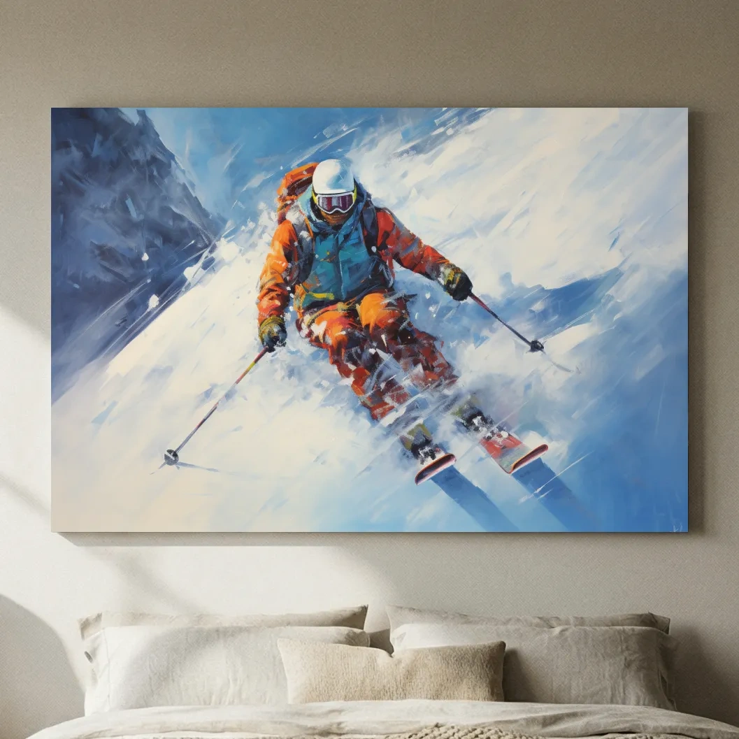 Dynamic Downhill Skier Painting - Snowy Alpine Adventure Wall Art