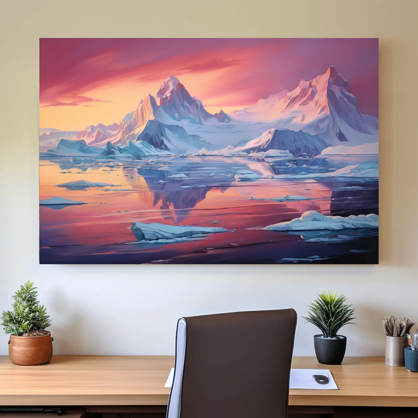Painting of a sunset over the antarctic glacier